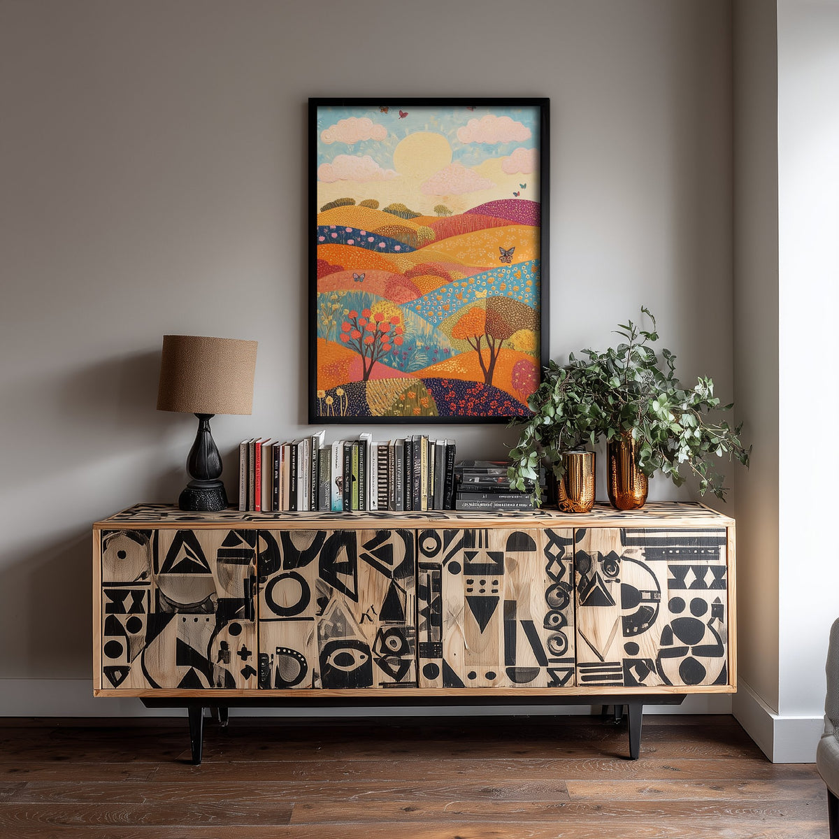 Rolling Hills Landscape Art Print - Butterfly Meadow Poster - Folk Art Painting - Honeydew Garnet and Flint 3/3