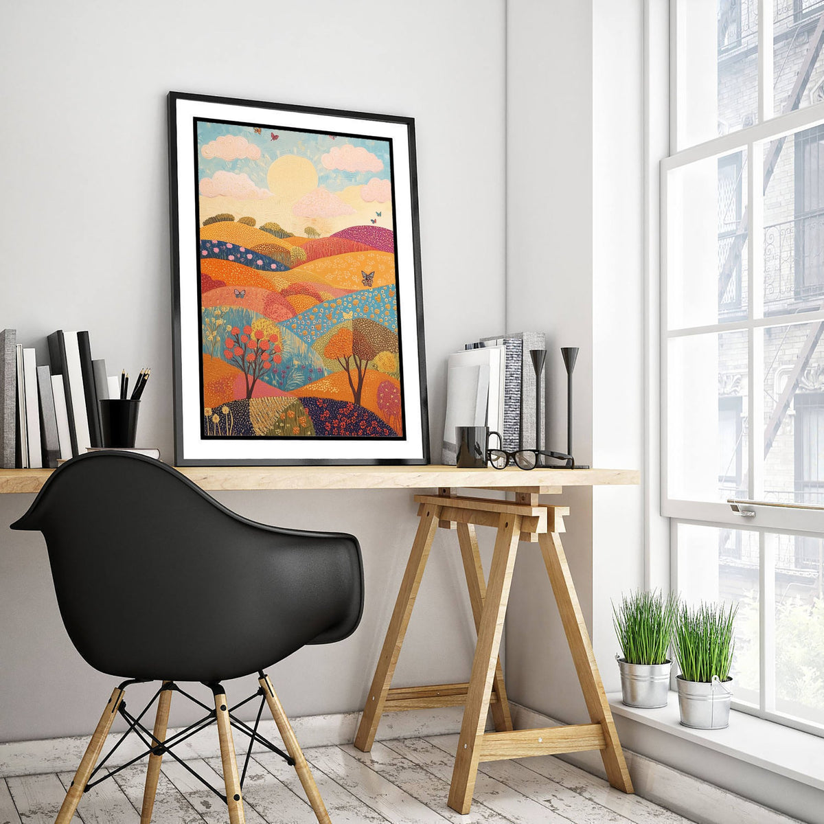 Rolling Hills Landscape Art Print - Butterfly Meadow Poster - Folk Art Painting - Honeydew Garnet and Flint 3/3