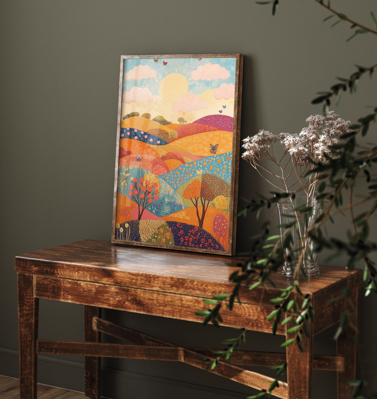 Rolling Hills Landscape Art Print - Butterfly Meadow Poster - Folk Art Painting - Honeydew Garnet and Flint 3/3