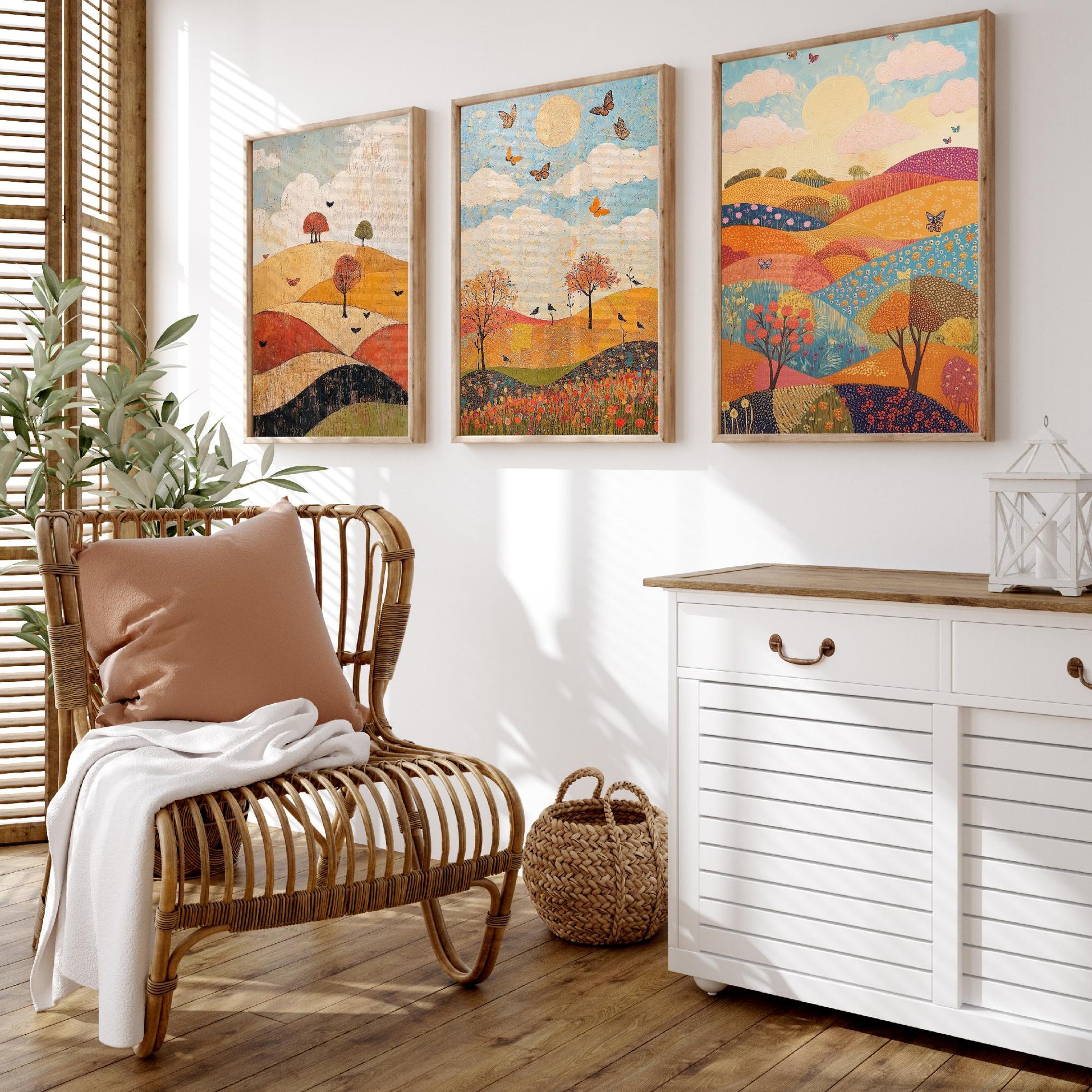 Rolling Hills Butterfly Set of Three Art Prints - Honeydew Garnet and Flint - Folk Meadow Poster Illustration Gift