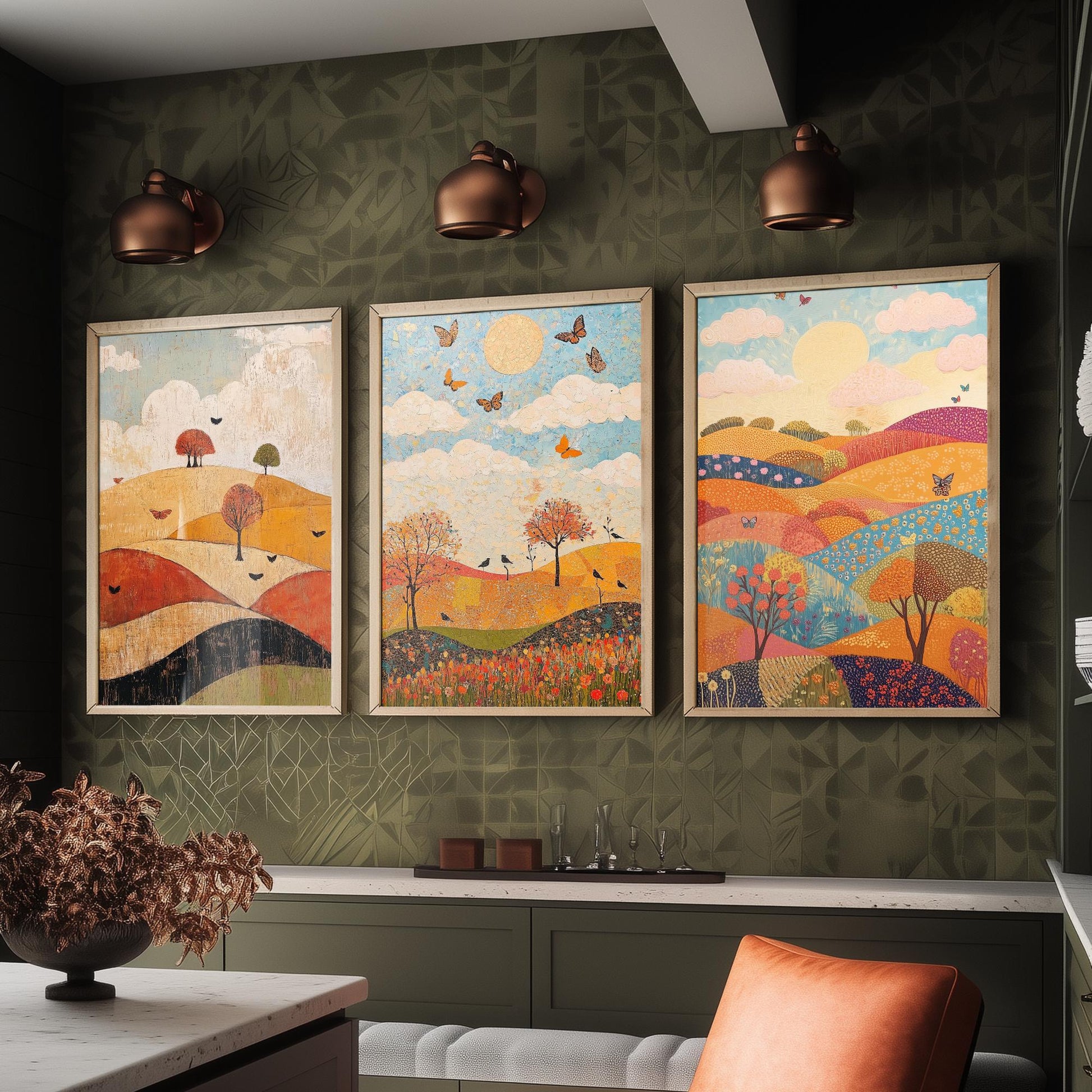 Rolling Hills Butterfly Set of Three Art Prints - Honeydew Garnet and Flint - Folk Meadow Poster Illustration Gift