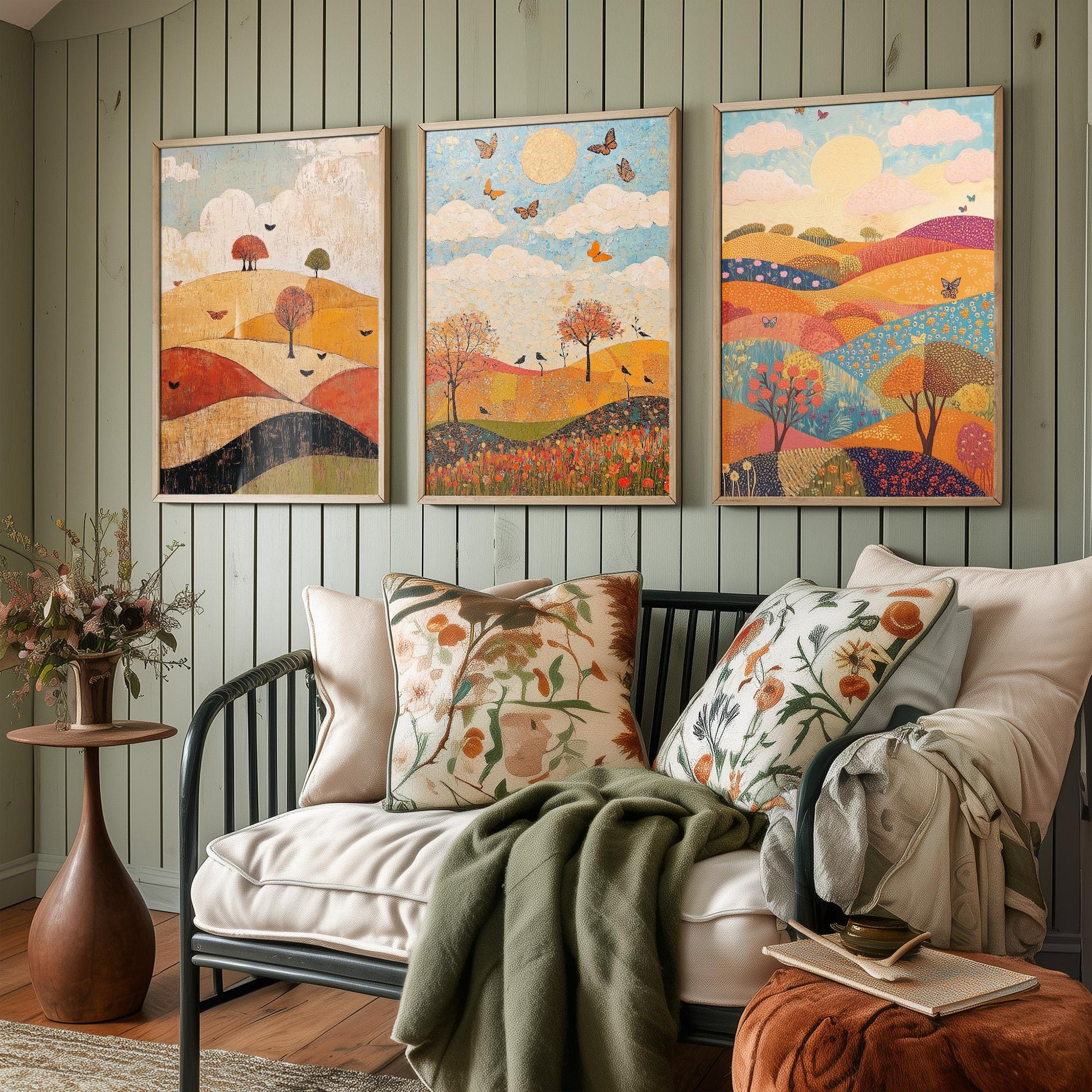 Rolling Hills Butterfly Set of Three Art Prints - Honeydew Garnet and Flint - Folk Meadow Poster Illustration Gift