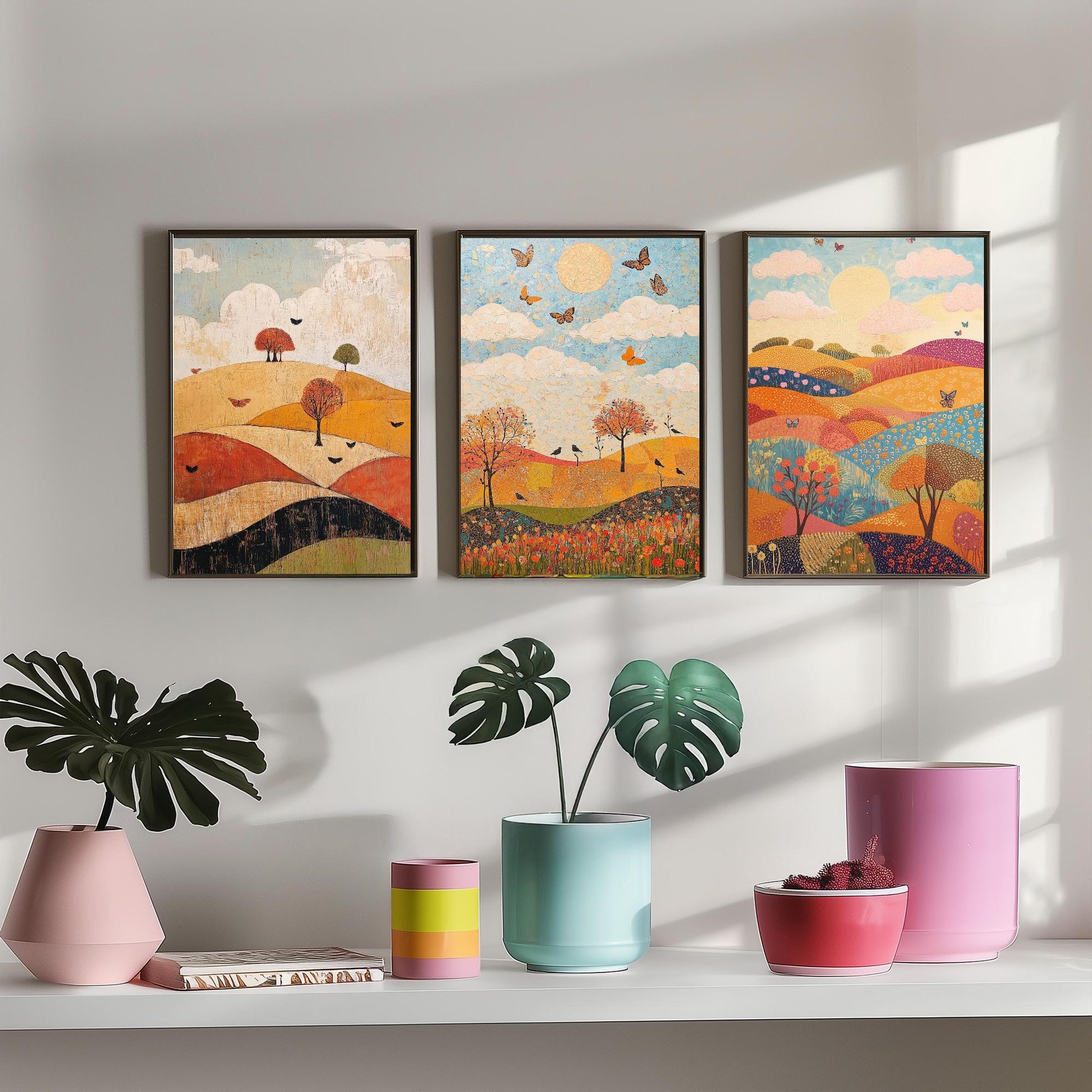 Rolling Hills Butterfly Set of Three Art Prints - Honeydew Garnet and Flint - Folk Meadow Poster Illustration Gift
