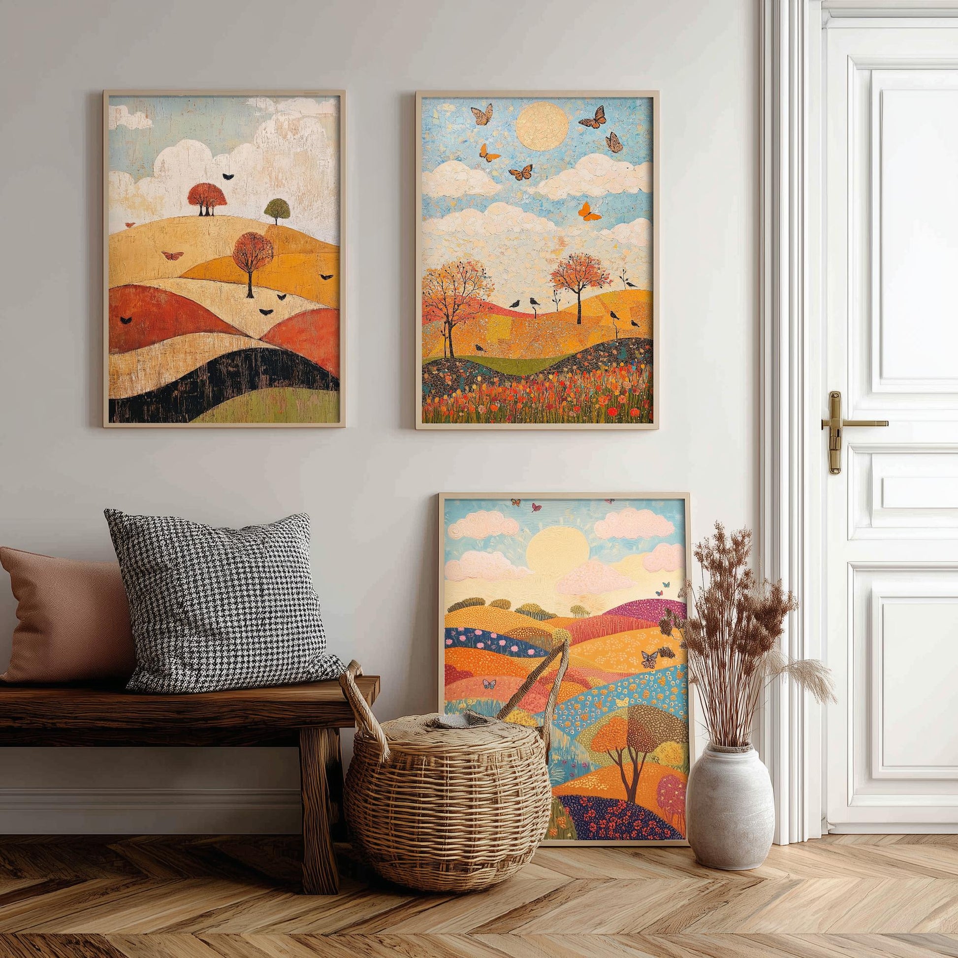 Rolling Hills Butterfly Set of Three Art Prints - Honeydew Garnet and Flint - Folk Meadow Poster Illustration Gift