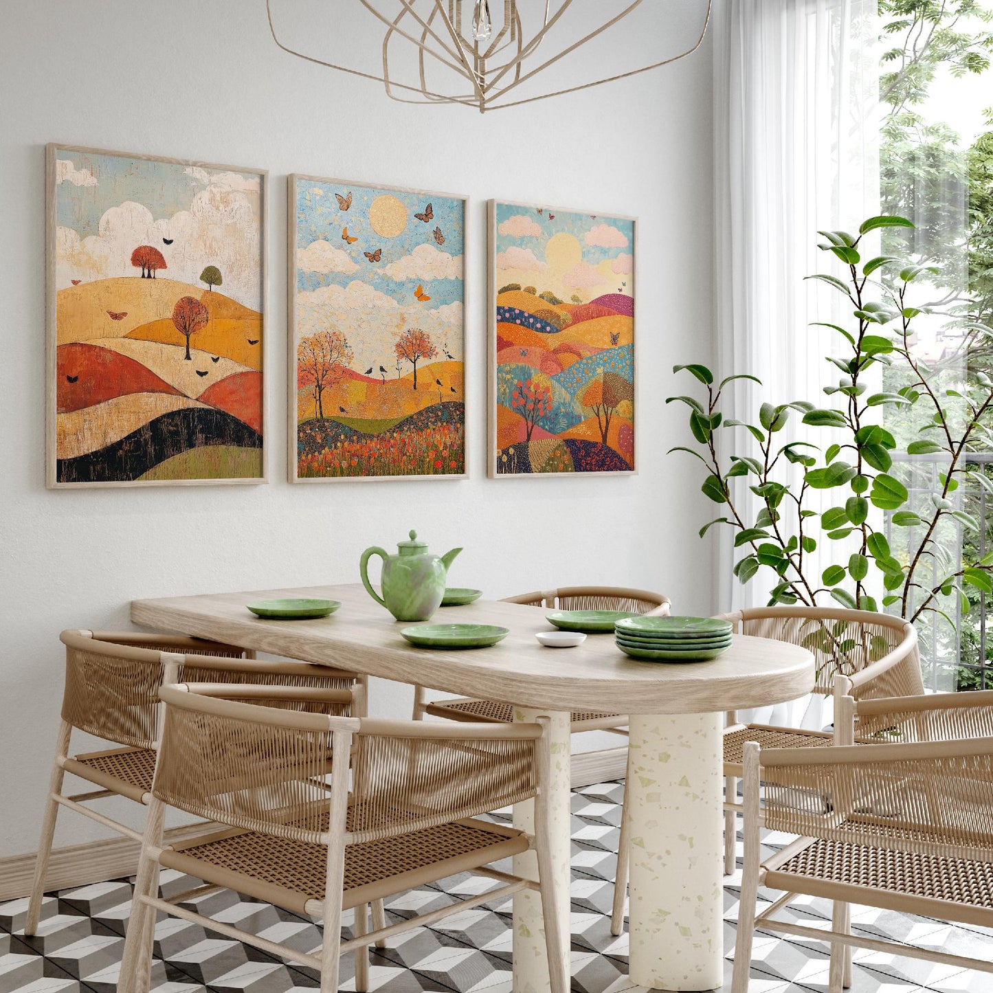 Rolling Hills Butterfly Set of Three Art Prints - Honeydew Garnet and Flint - Folk Meadow Poster Illustration Gift