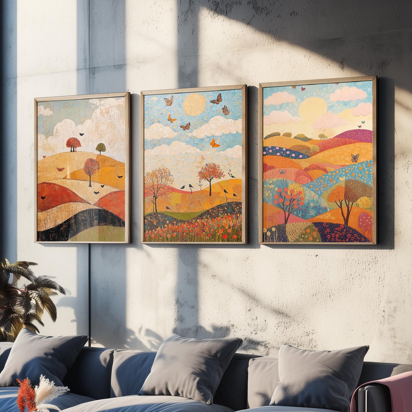 Rolling Hills Butterfly Set of Three Art Prints - Honeydew Garnet and Flint - Folk Meadow Poster Illustration Gift