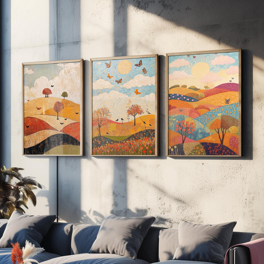 Rolling Hills Butterfly Set of Three Art Prints - Honeydew Garnet and Flint - Folk Meadow Poster Illustration Gift