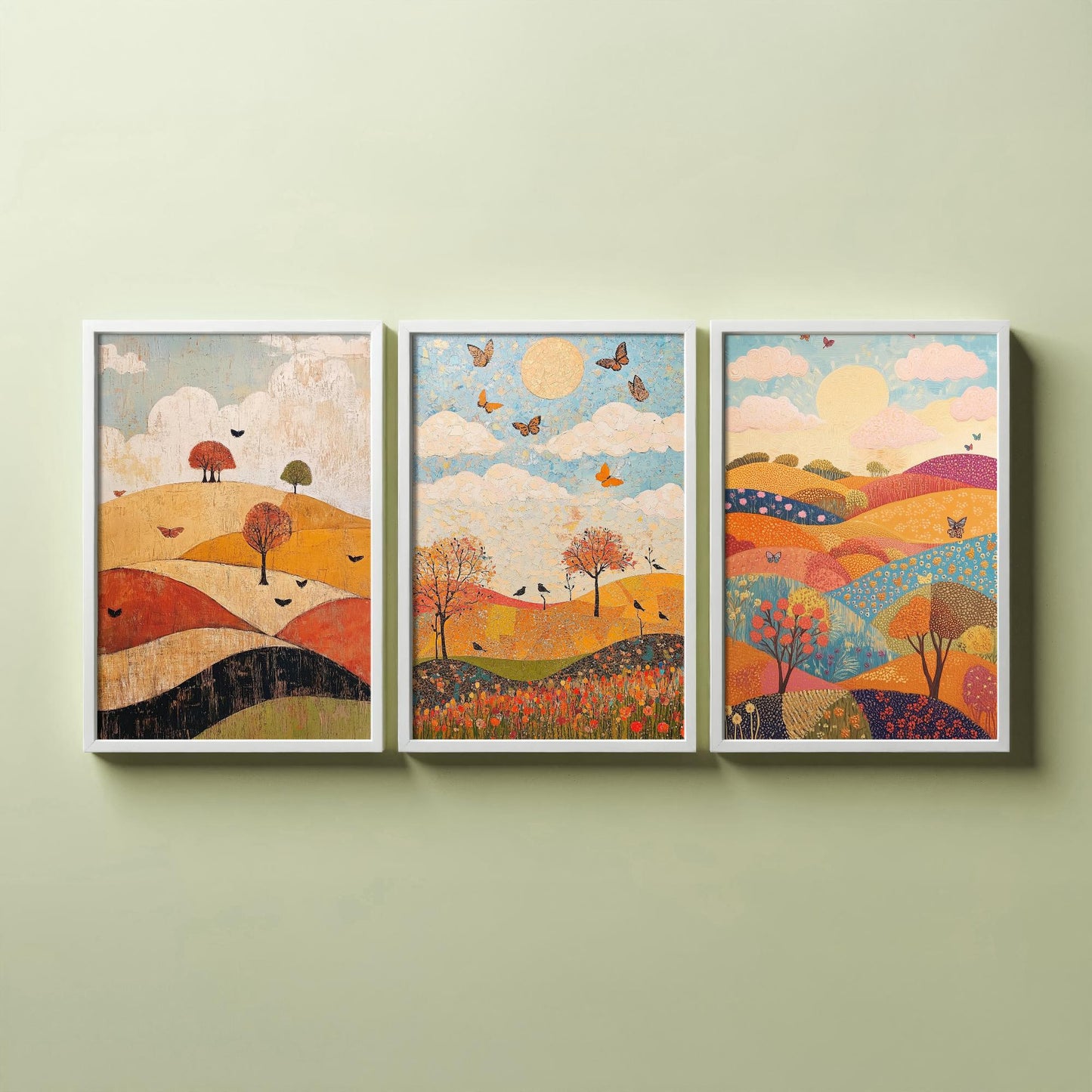 Rolling Hills Butterfly Set of Three Art Prints - Honeydew Garnet and Flint - Folk Meadow Poster Illustration Gift