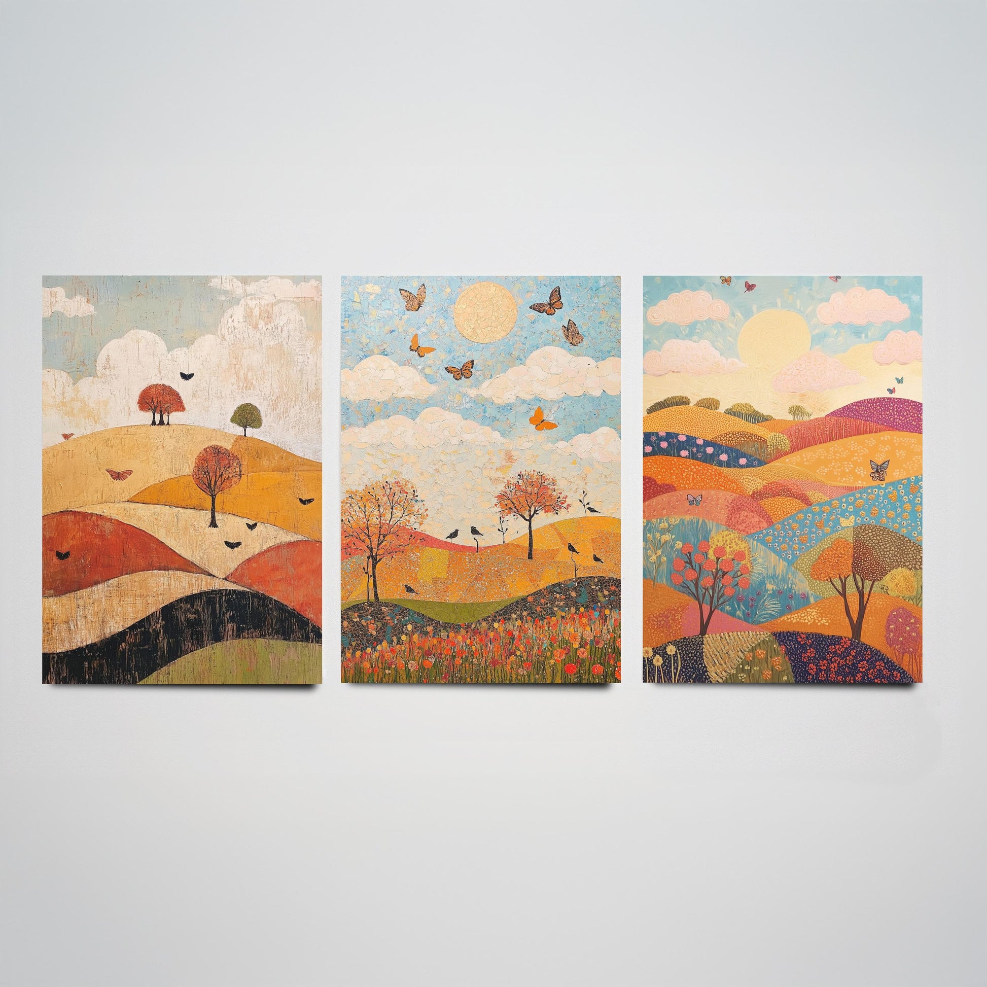 Rolling Hills Butterfly Set of Three Art Prints - Honeydew Garnet and Flint - Folk Meadow Poster Illustration Gift