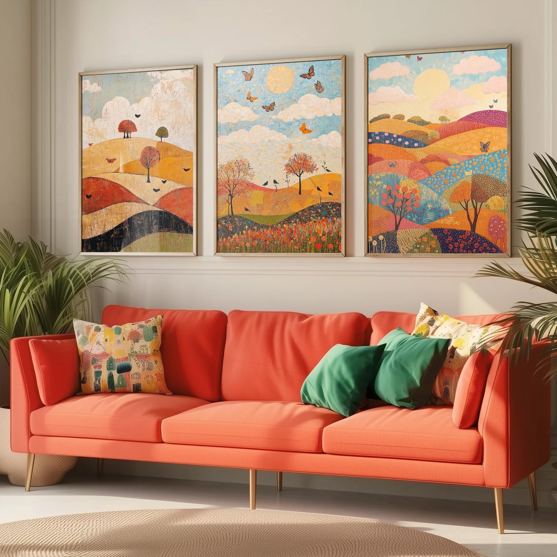 Rolling Hills Butterfly Set of Three Art Prints - Honeydew Garnet and Flint - Folk Meadow Poster Illustration Gift