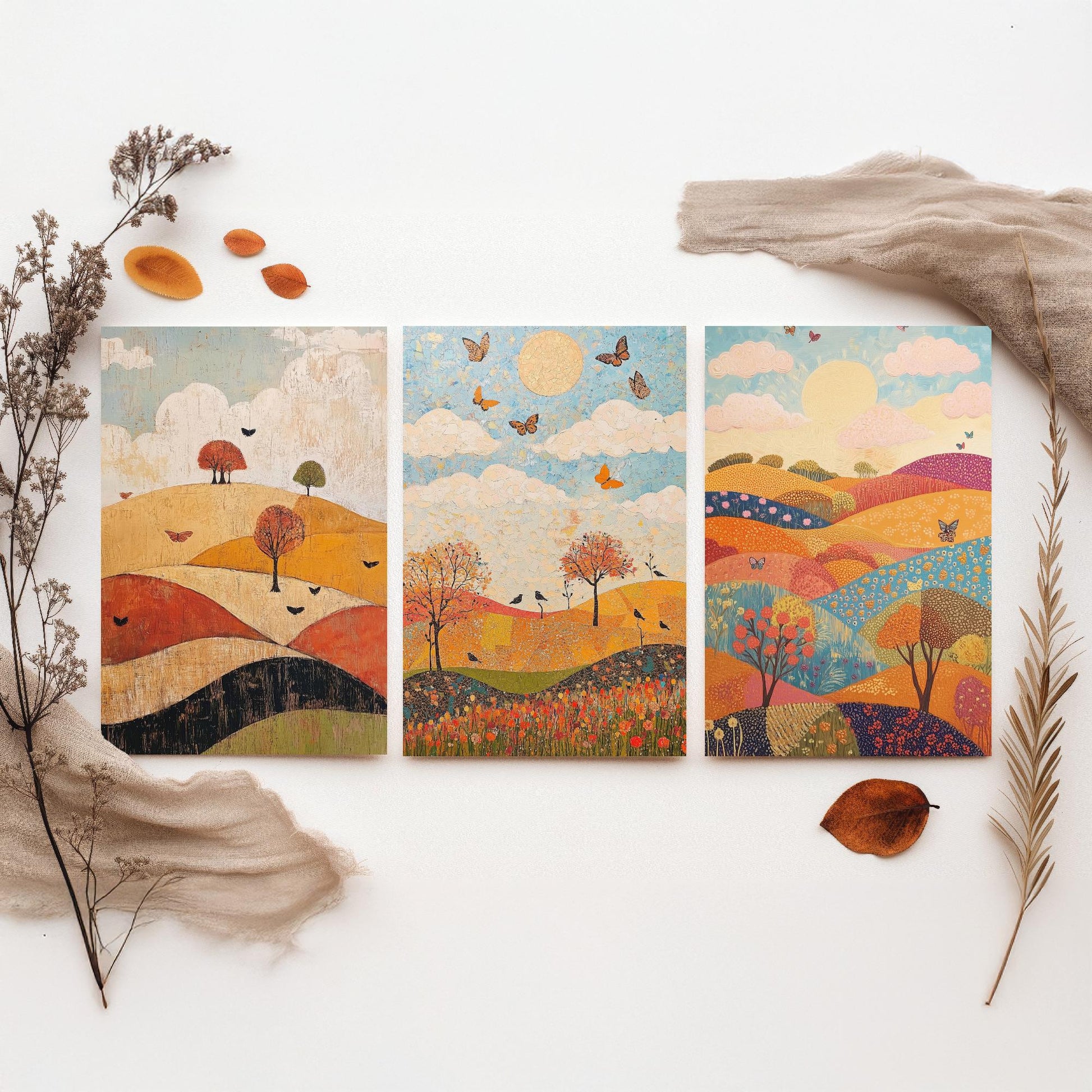 Rolling Hills Butterfly Set of Three Art Prints - Honeydew Garnet and Flint - Folk Meadow Poster Illustration Gift