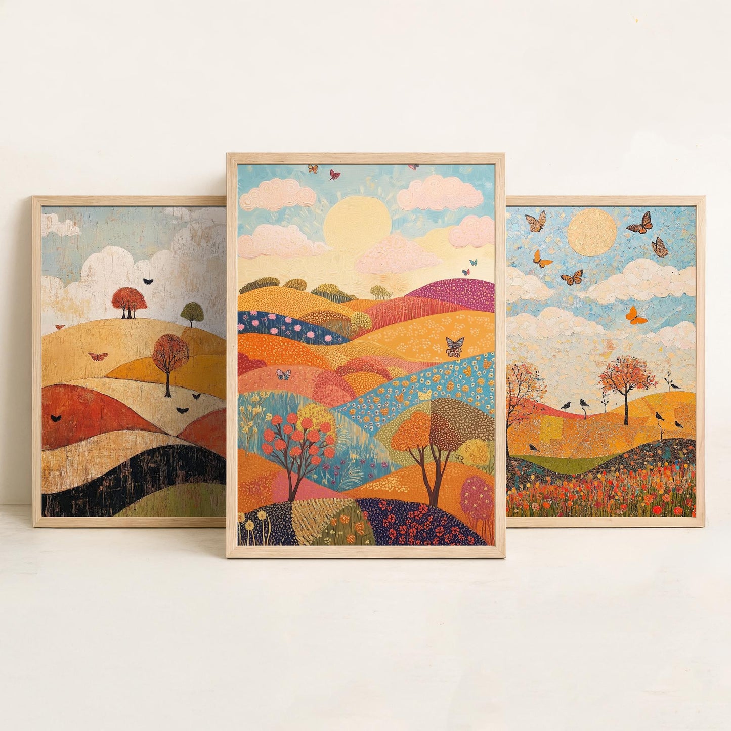 Rolling Hills Butterfly Set of Three Art Prints - Honeydew Garnet and Flint - Folk Meadow Poster Illustration Gift