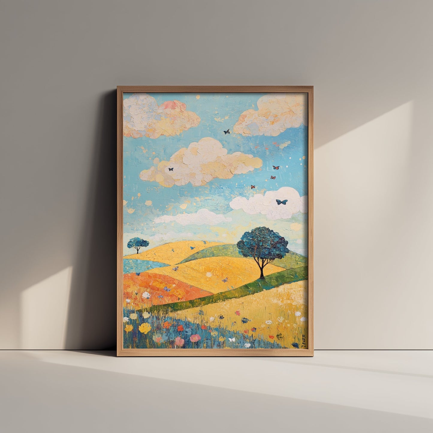 Rolling Hills Landscape Art Print - Butterfly Meadow Poster - Folk Art Painting - Indigo Ochre and Mint 1/3
