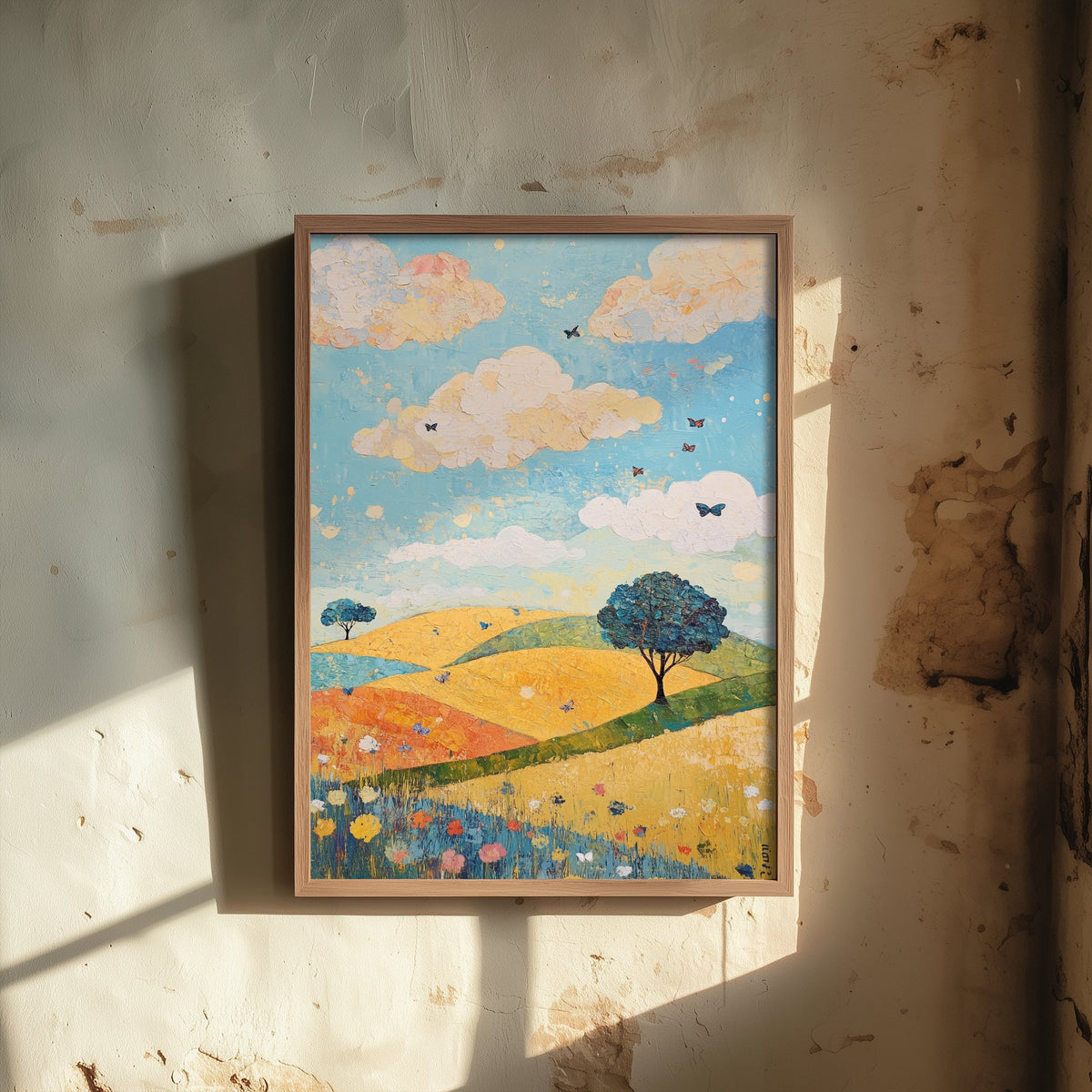 Rolling Hills Landscape Art Print - Butterfly Meadow Poster - Folk Art Painting - Indigo Ochre and Mint 1/3