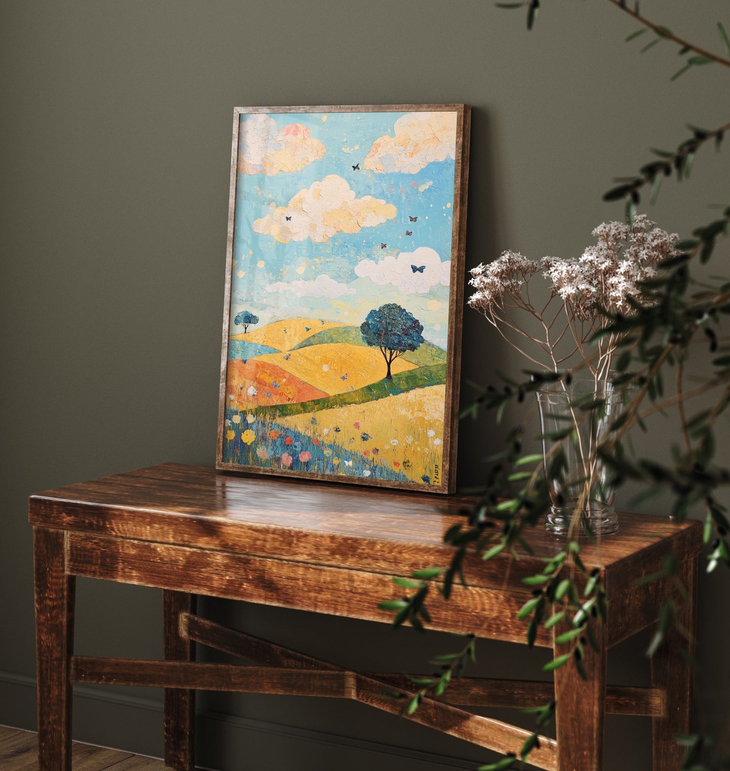 Rolling Hills Landscape Art Print - Butterfly Meadow Poster - Folk Art Painting - Indigo Ochre and Mint 1/3