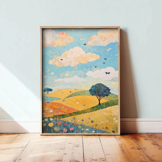 Rolling Hills Landscape Art Print - Butterfly Meadow Poster - Folk Art Painting - Indigo Ochre and Mint 1/3