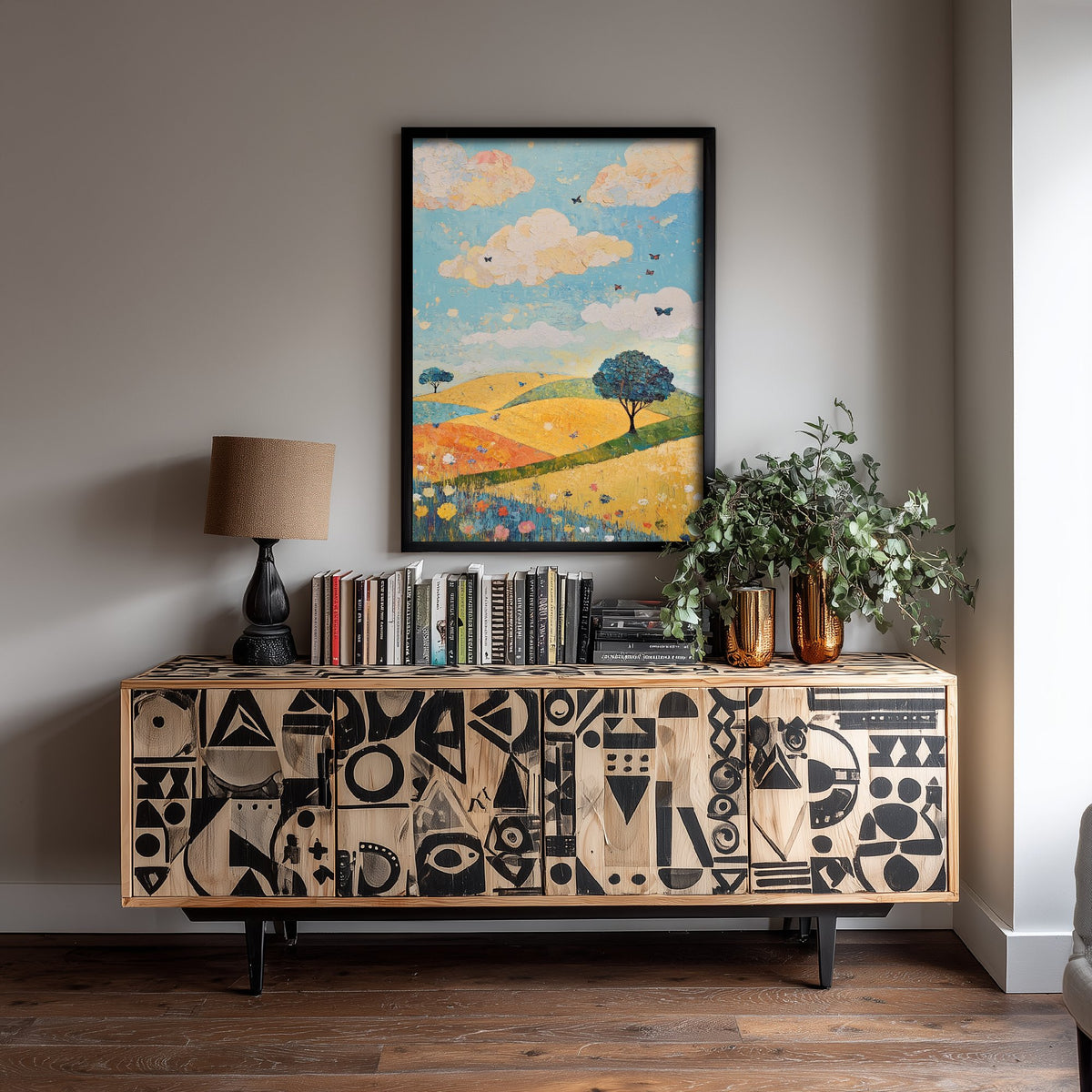 Rolling Hills Landscape Art Print - Butterfly Meadow Poster - Folk Art Painting - Indigo Ochre and Mint 1/3