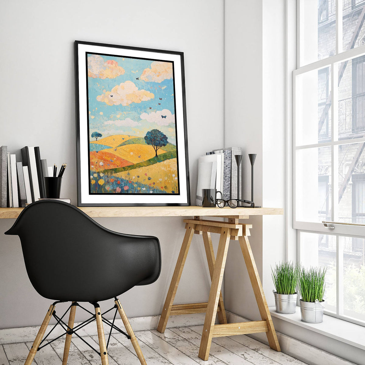 Rolling Hills Landscape Art Print - Butterfly Meadow Poster - Folk Art Painting - Indigo Ochre and Mint 1/3