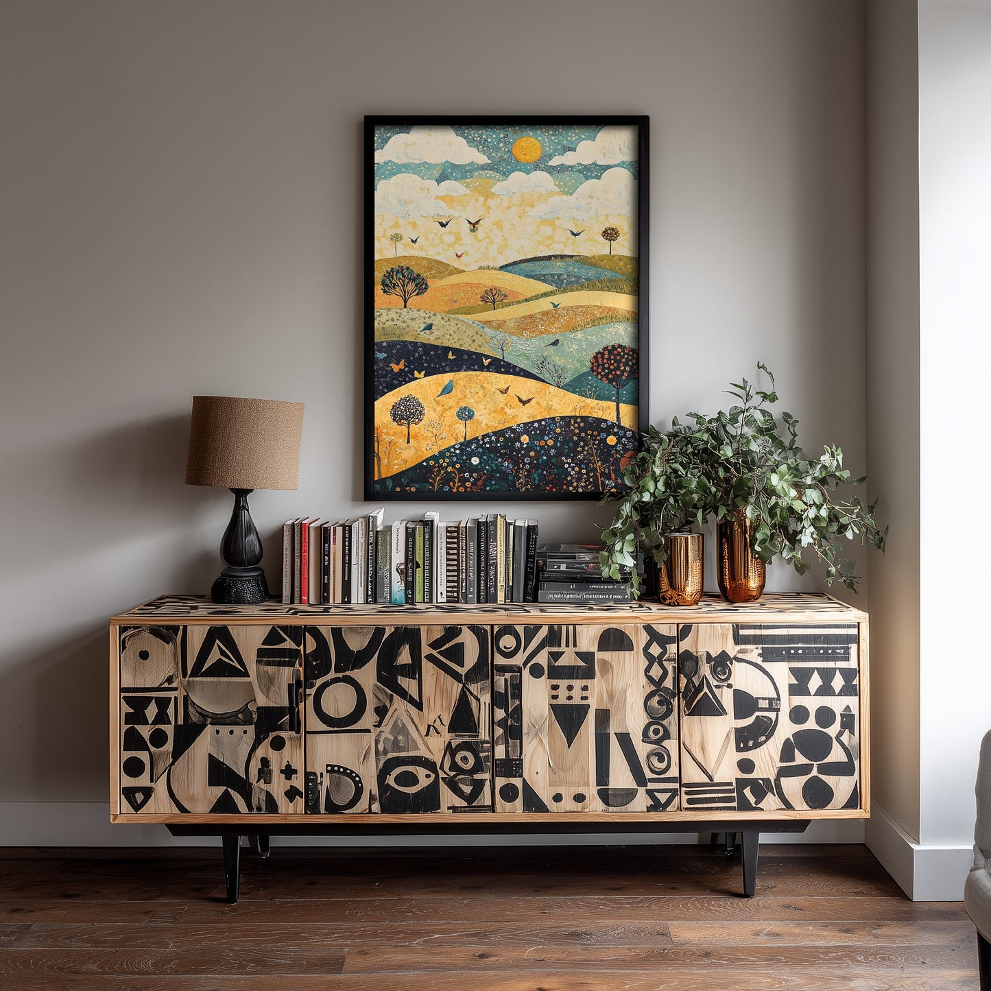 Rolling Hills Landscape Art Print - Butterfly Meadow Poster - Folk Art Painting - Indigo Ochre and Mint 2/3