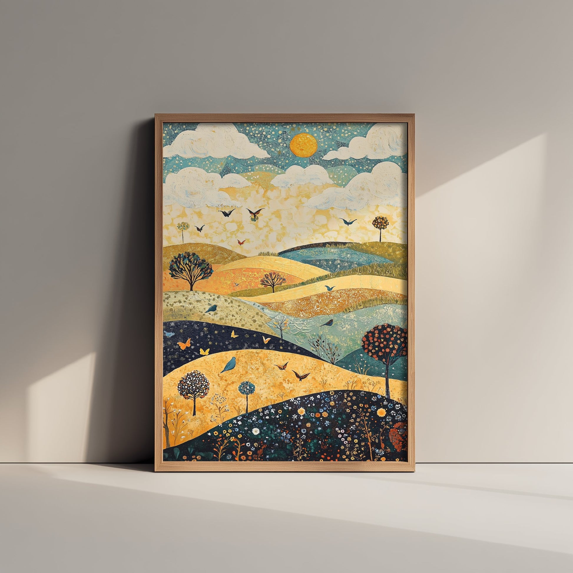 Rolling Hills Landscape Art Print - Butterfly Meadow Poster - Folk Art Painting - Indigo Ochre and Mint 2/3