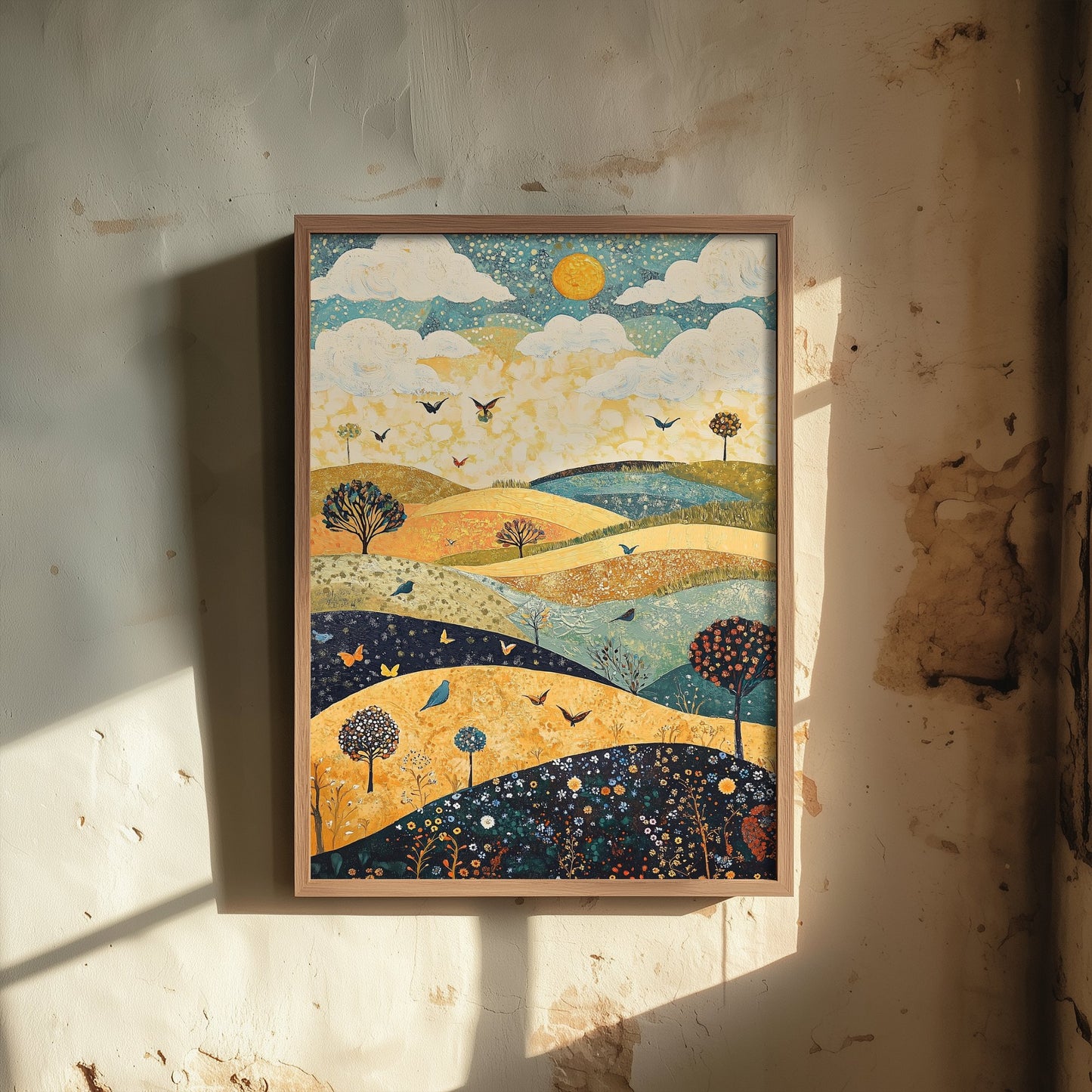 Rolling Hills Landscape Art Print - Butterfly Meadow Poster - Folk Art Painting - Indigo Ochre and Mint 2/3