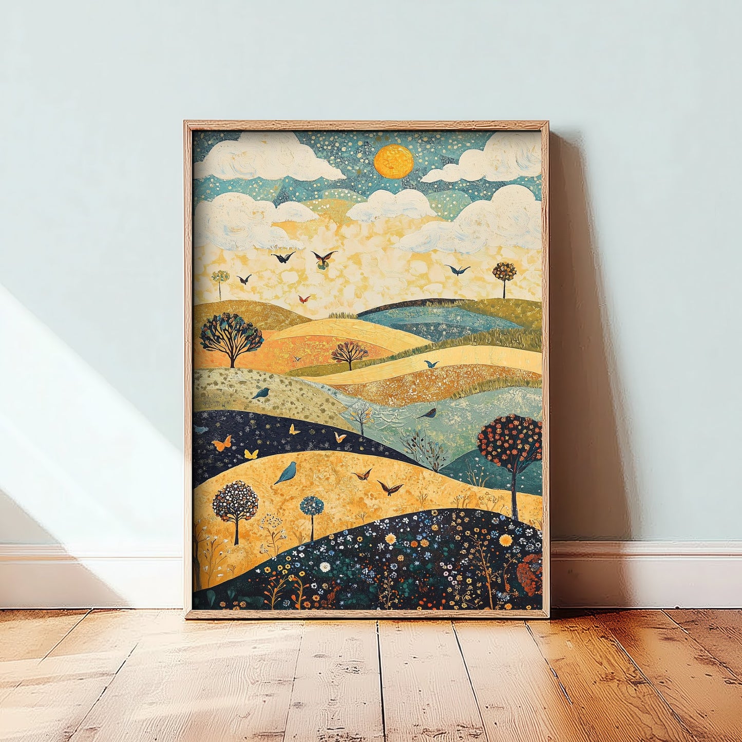 Rolling Hills Landscape Art Print - Butterfly Meadow Poster - Folk Art Painting - Indigo Ochre and Mint 2/3