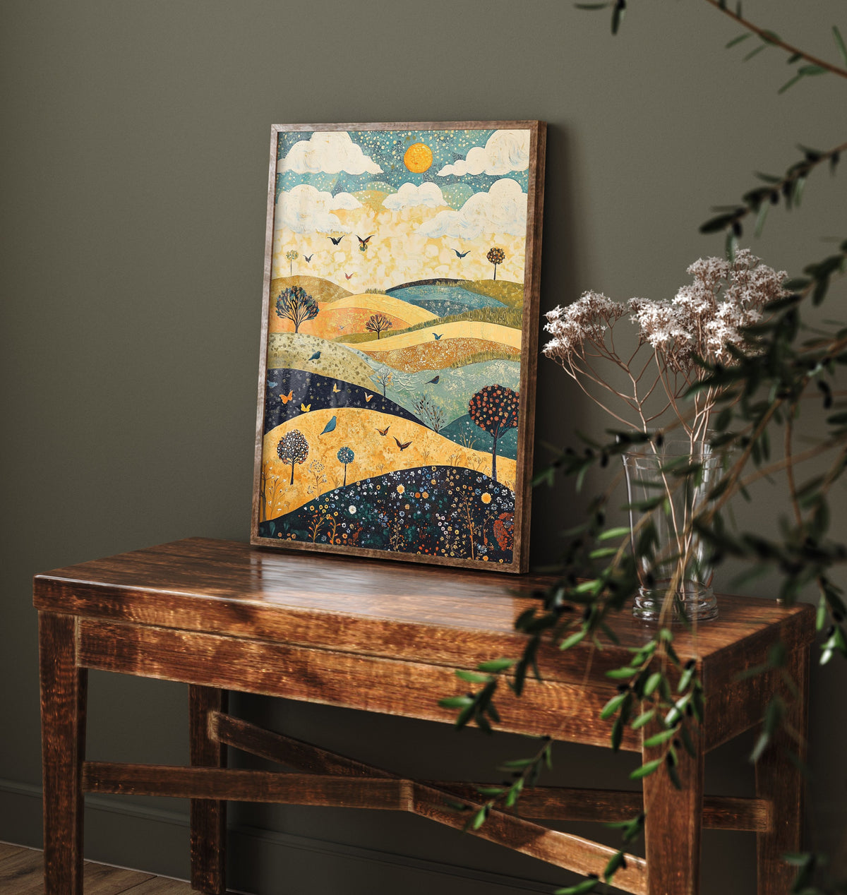 Rolling Hills Landscape Art Print - Butterfly Meadow Poster - Folk Art Painting - Indigo Ochre and Mint 2/3