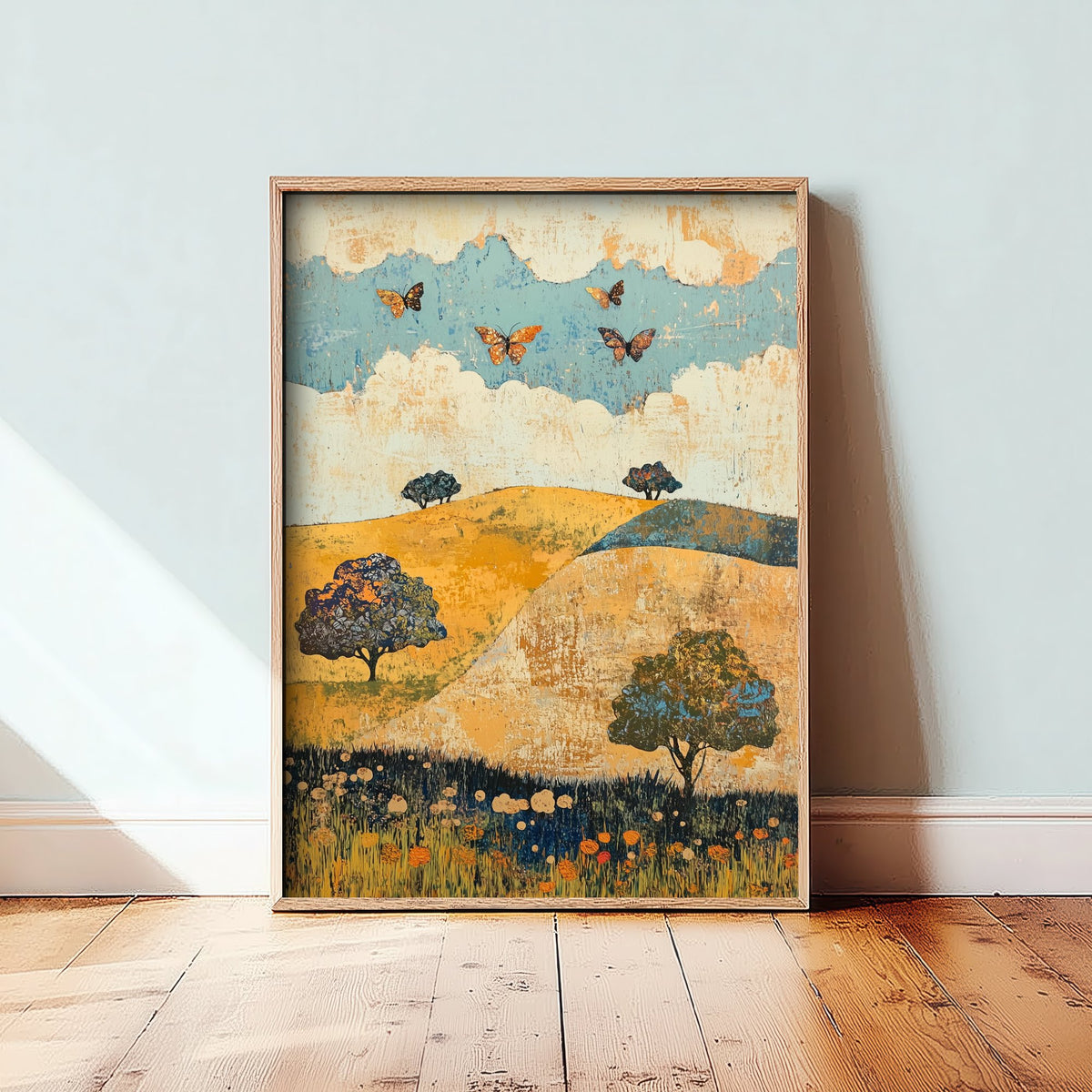 Rolling Hills Landscape Art Print - Butterfly Meadow Poster - Folk Art Painting - Indigo Ochre and Mint 3/3