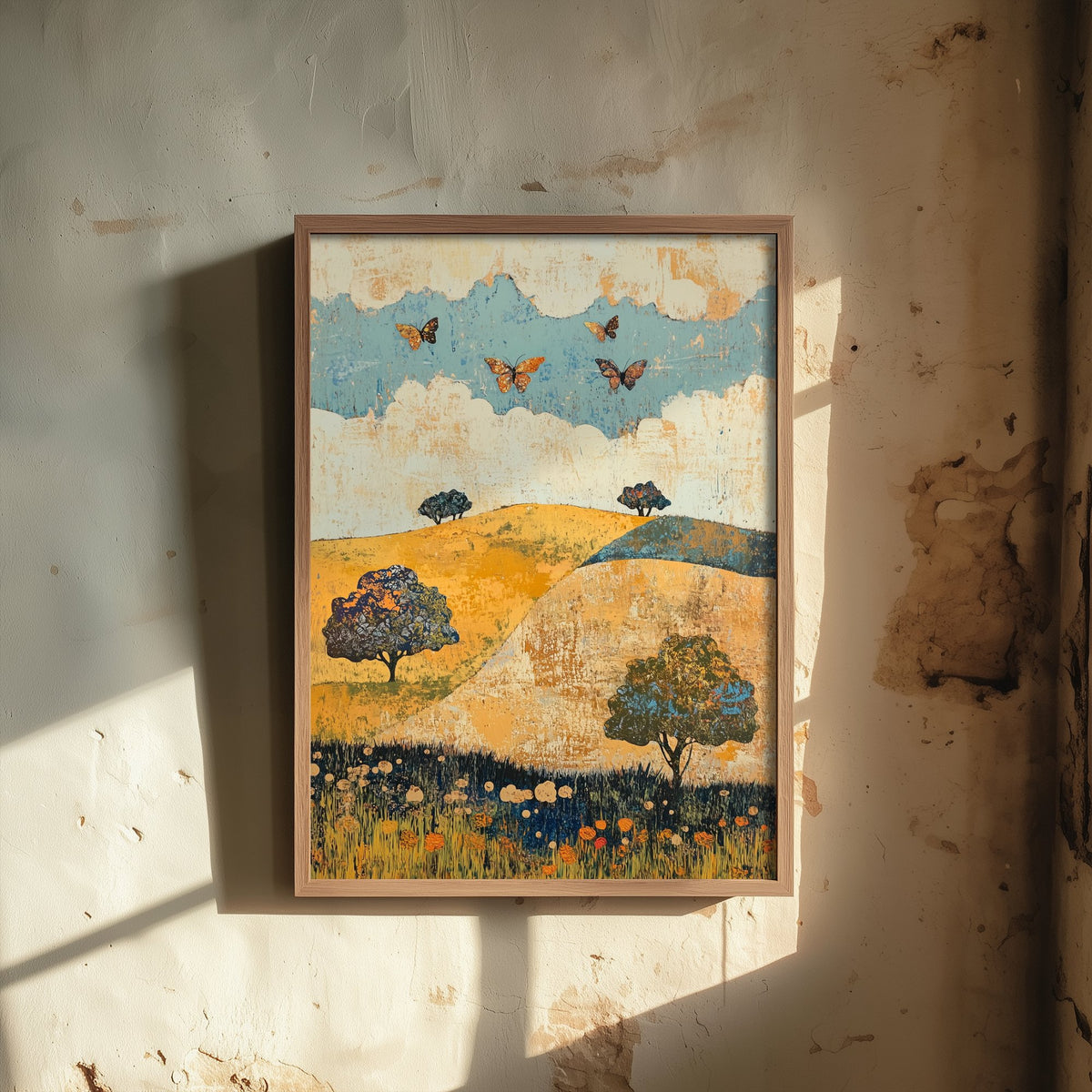 Rolling Hills Landscape Art Print - Butterfly Meadow Poster - Folk Art Painting - Indigo Ochre and Mint 3/3