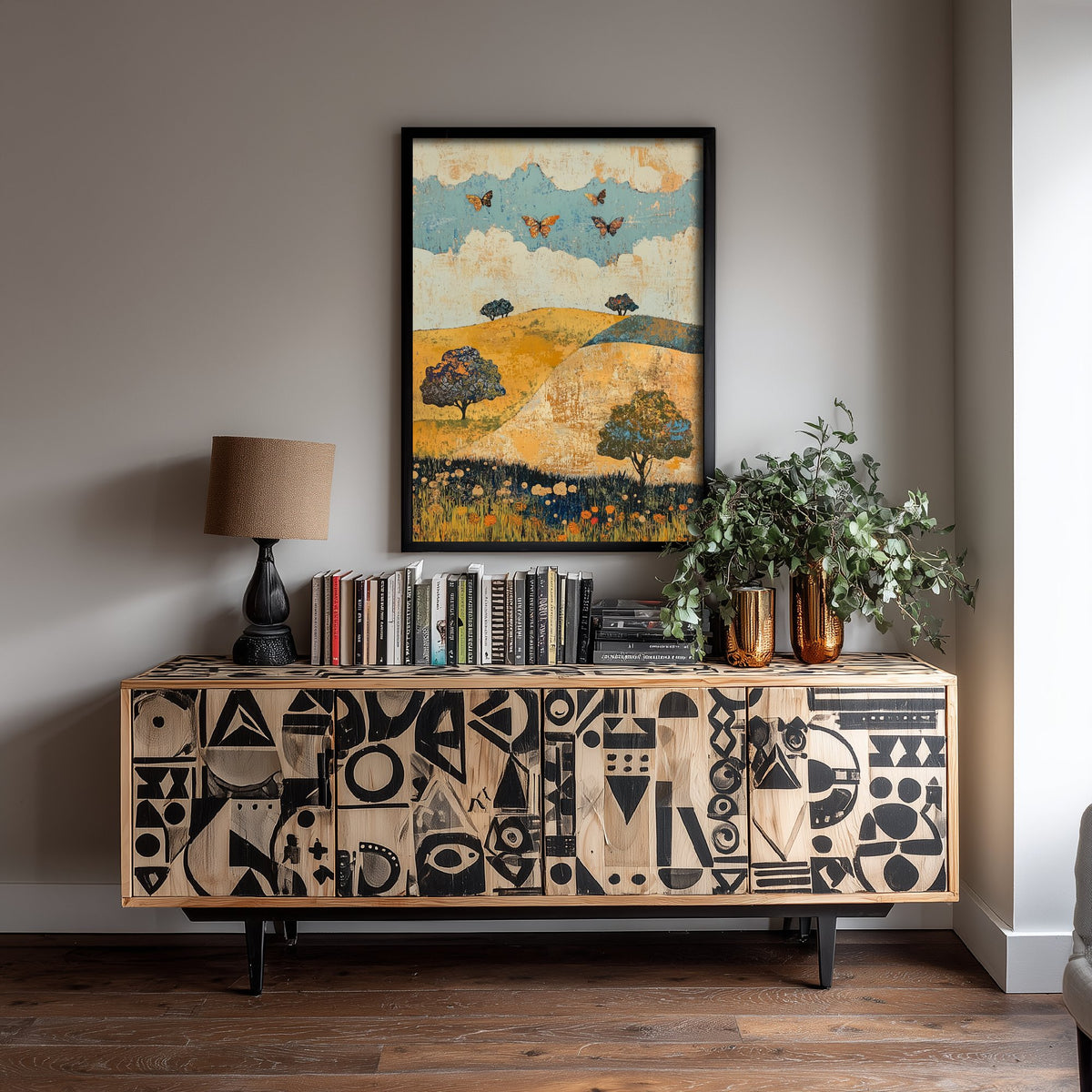 Rolling Hills Landscape Art Print - Butterfly Meadow Poster - Folk Art Painting - Indigo Ochre and Mint 3/3