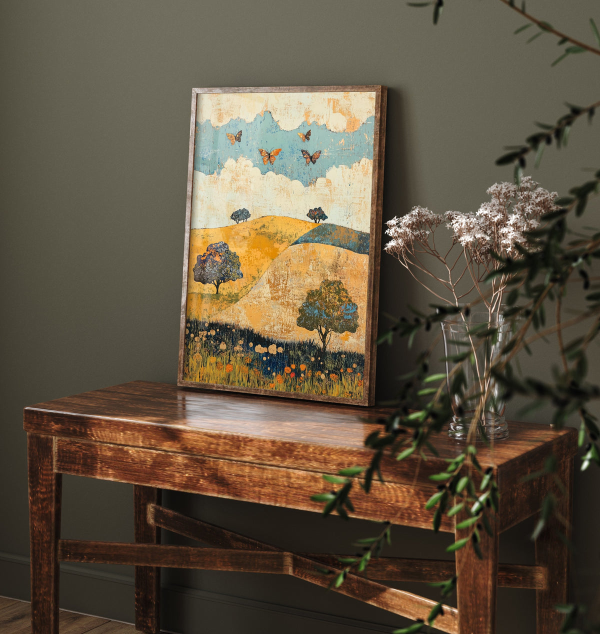 Rolling Hills Landscape Art Print - Butterfly Meadow Poster - Folk Art Painting - Indigo Ochre and Mint 3/3
