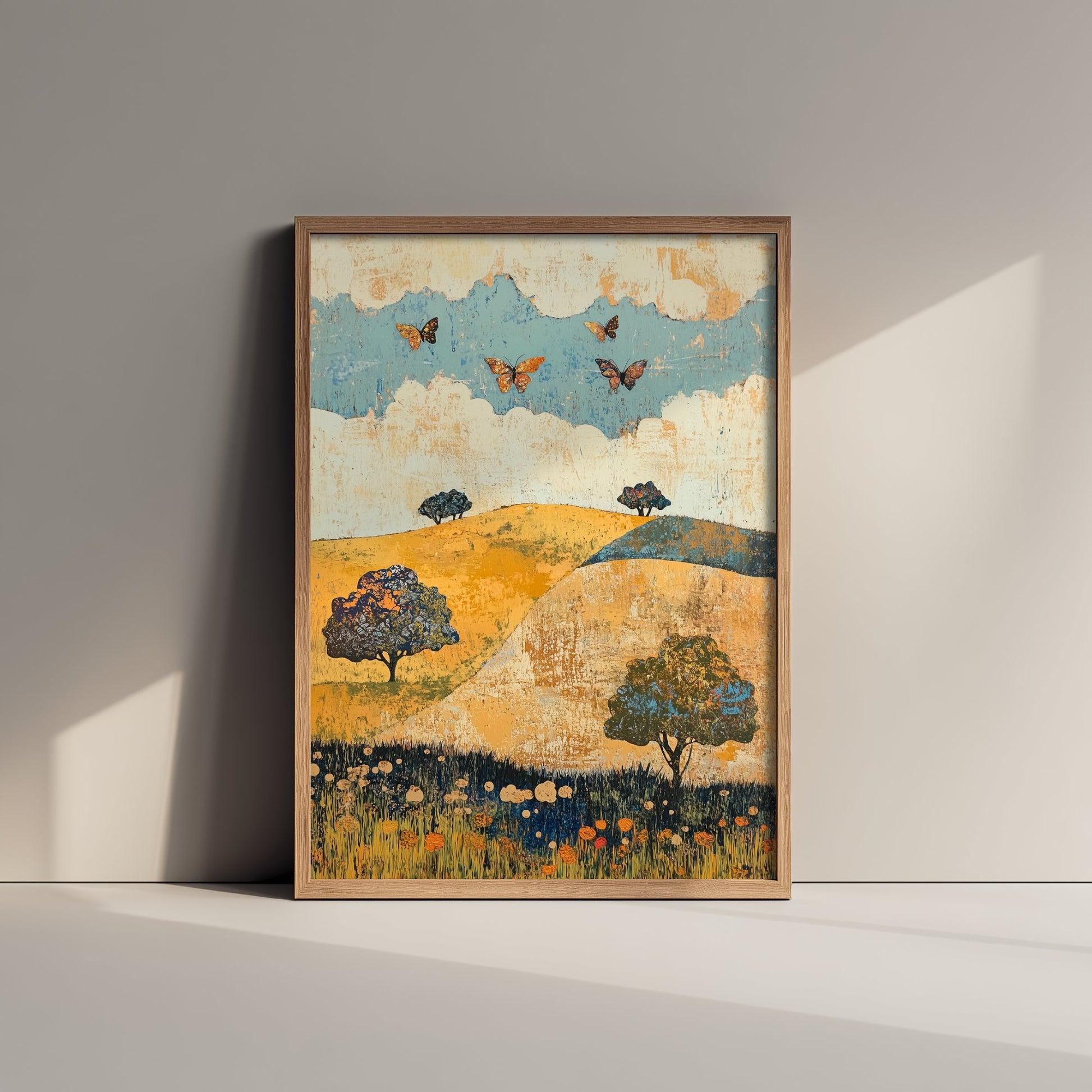 Rolling Hills Landscape Art Print - Butterfly Meadow Poster - Folk Art Painting - Indigo Ochre and Mint 3/3