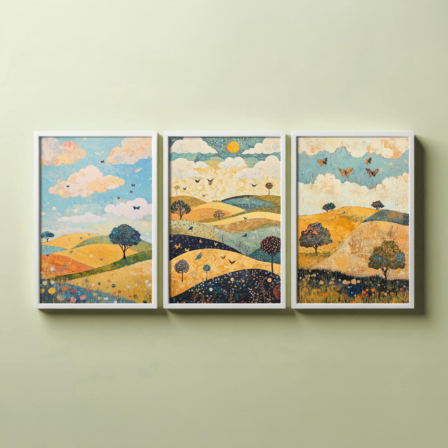 Rolling Hills Butterfly Set of Three Art Prints - Indigo Ochre and Mint - Folk Meadow Poster Illustration Gift