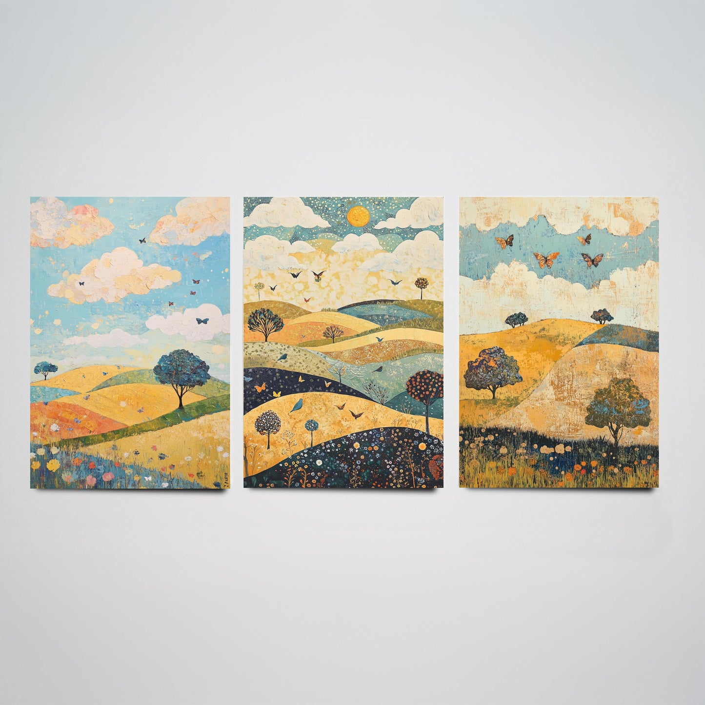 Rolling Hills Butterfly Set of Three Art Prints - Indigo Ochre and Mint - Folk Meadow Poster Illustration Gift