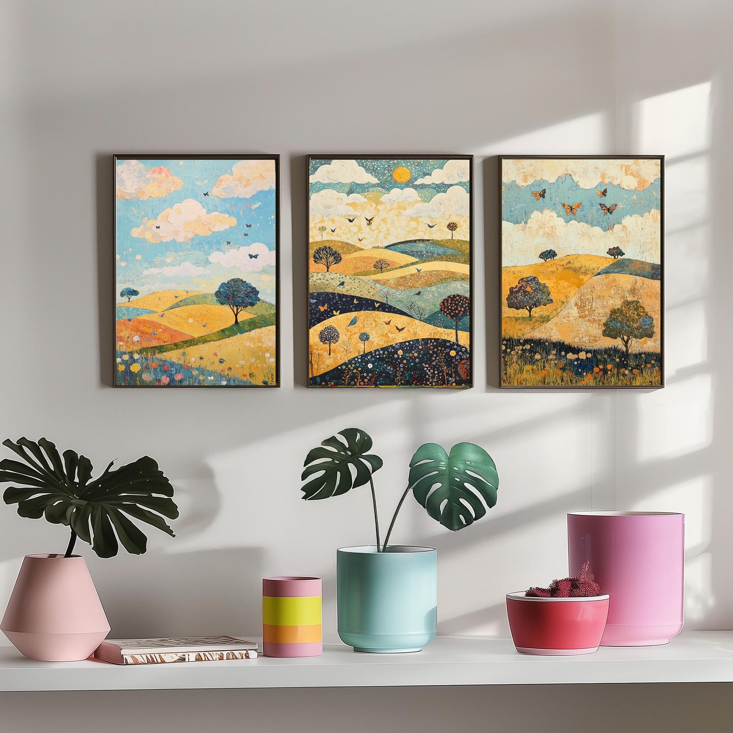 Rolling Hills Butterfly Set of Three Art Prints - Indigo Ochre and Mint - Folk Meadow Poster Illustration Gift