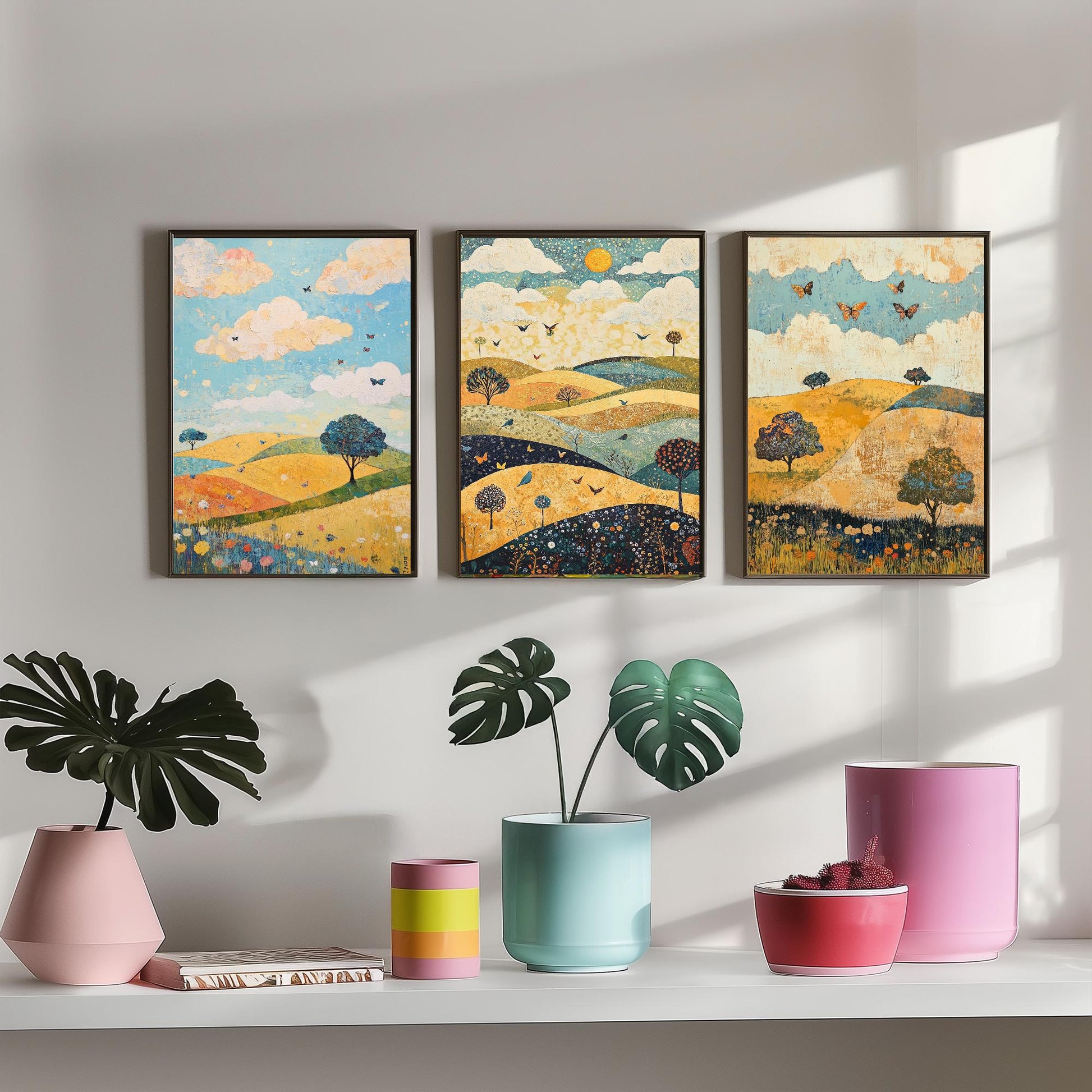 Rolling Hills Butterfly Set of Three Art Prints - Indigo Ochre and Mint - Folk Meadow Poster Illustration Gift