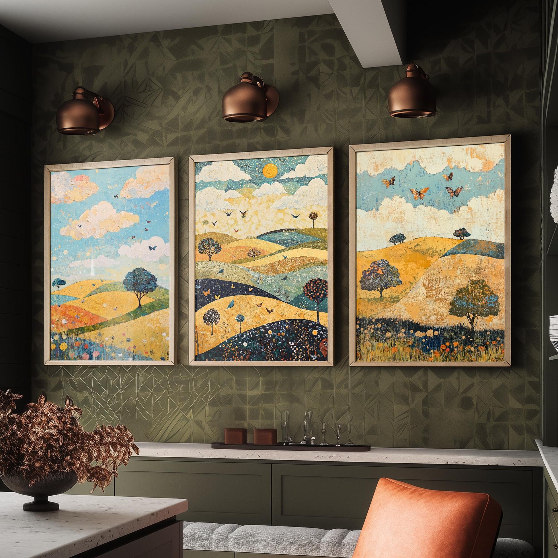 Rolling Hills Butterfly Set of Three Art Prints - Indigo Ochre and Mint - Folk Meadow Poster Illustration Gift