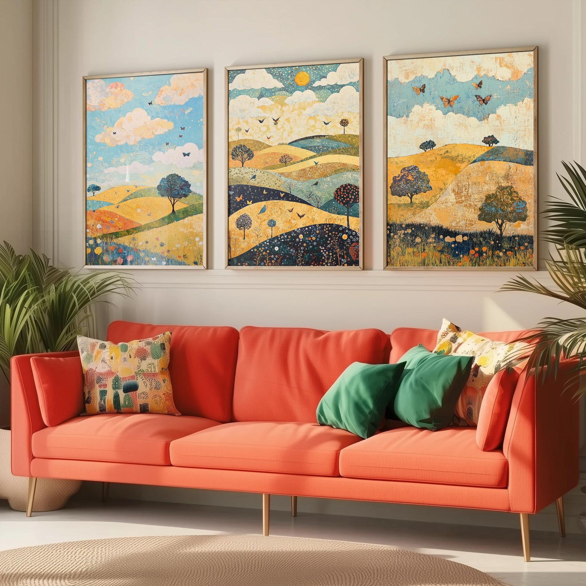 Rolling Hills Butterfly Set of Three Art Prints - Indigo Ochre and Mint - Folk Meadow Poster Illustration Gift