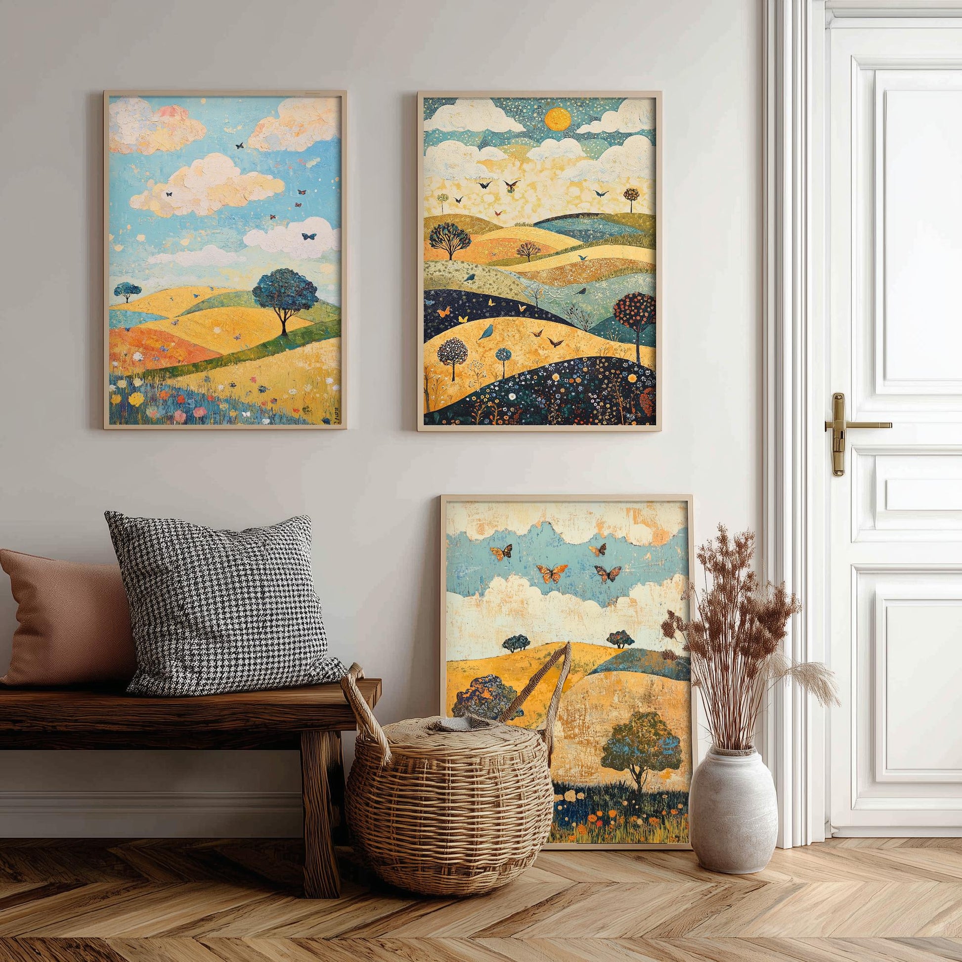 Rolling Hills Butterfly Set of Three Art Prints - Indigo Ochre and Mint - Folk Meadow Poster Illustration Gift