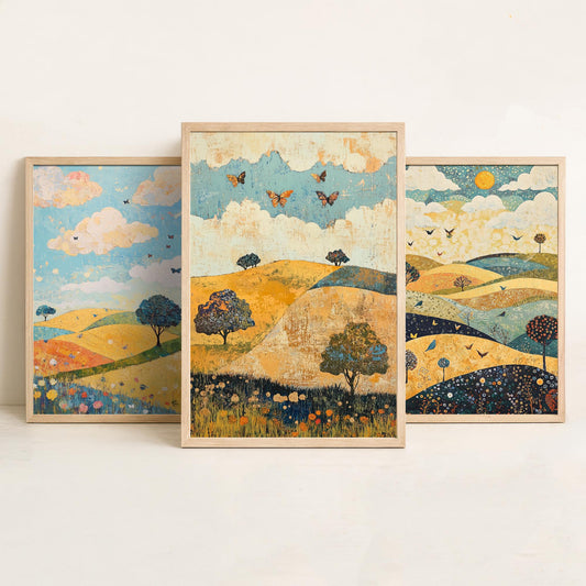 Rolling Hills Butterfly Set of Three Art Prints - Indigo Ochre and Mint - Folk Meadow Poster Illustration Gift