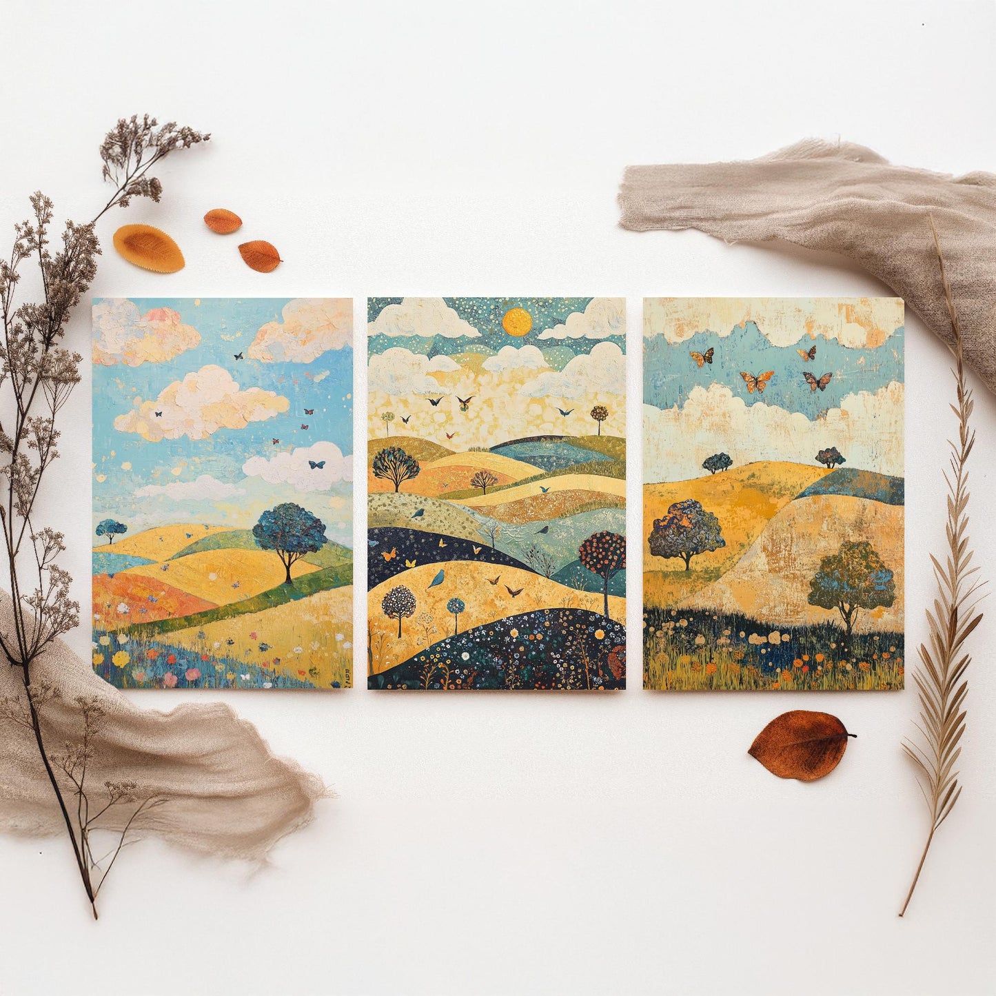 Rolling Hills Butterfly Set of Three Art Prints - Indigo Ochre and Mint - Folk Meadow Poster Illustration Gift