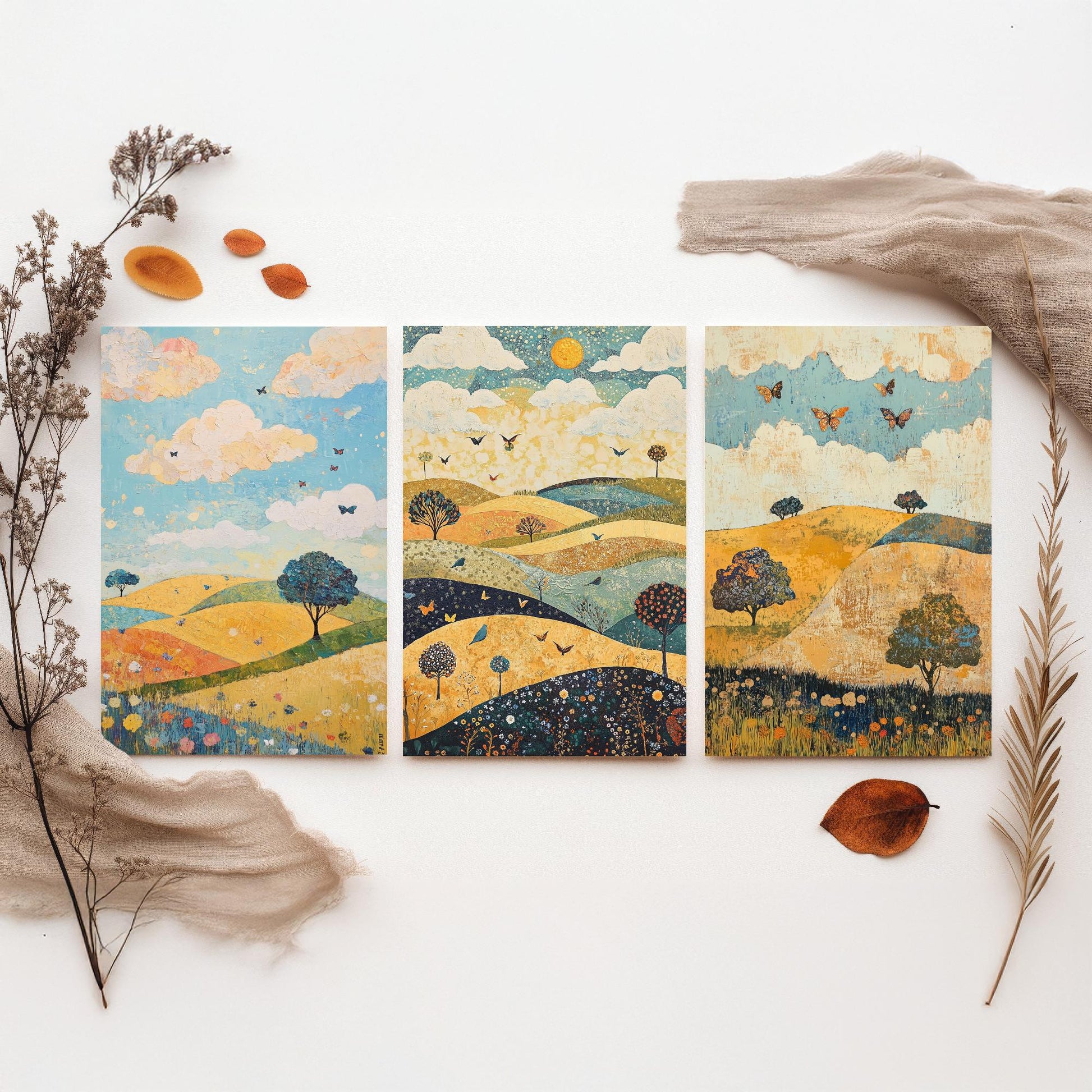Rolling Hills Butterfly Set of Three Art Prints - Indigo Ochre and Mint - Folk Meadow Poster Illustration Gift