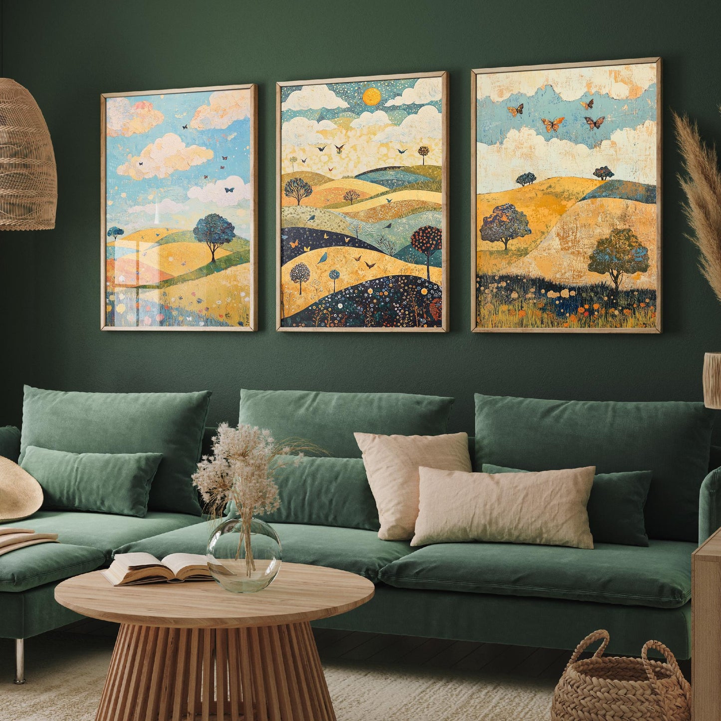 Rolling Hills Butterfly Set of Three Art Prints - Indigo Ochre and Mint - Folk Meadow Poster Illustration Gift