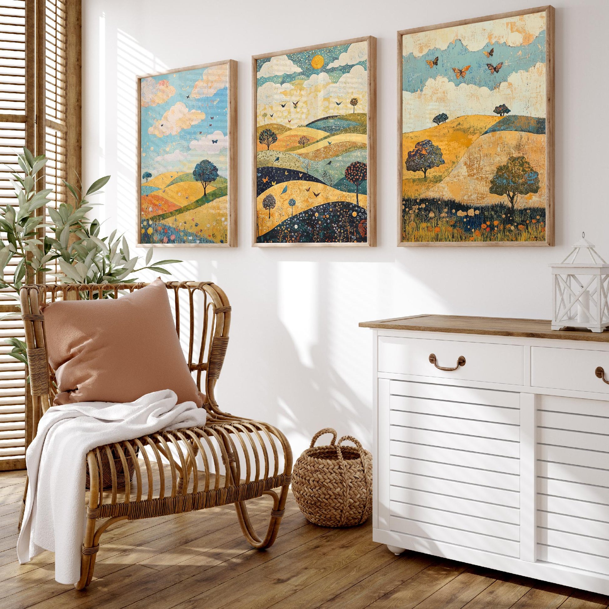Rolling Hills Butterfly Set of Three Art Prints - Indigo Ochre and Mint - Folk Meadow Poster Illustration Gift