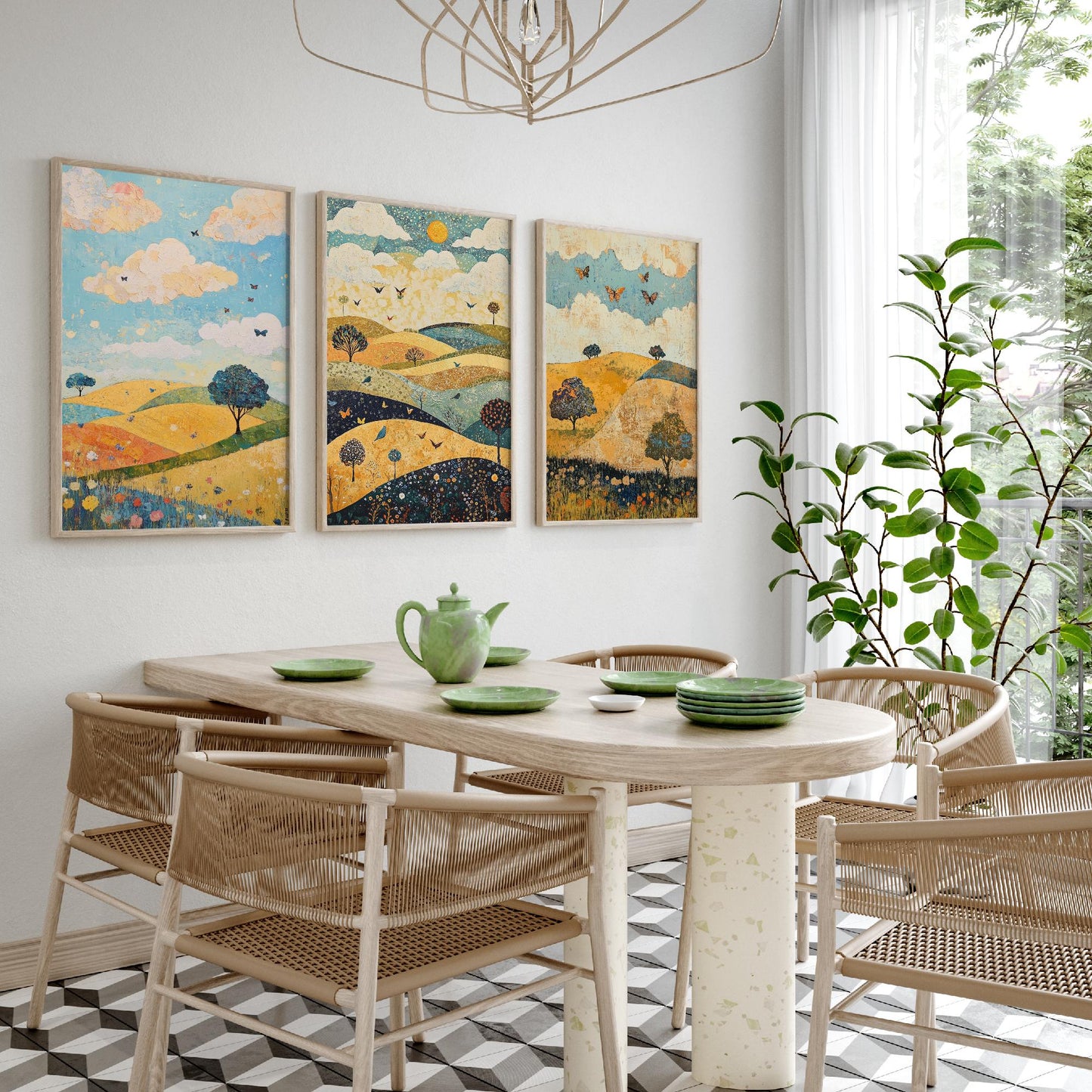 Rolling Hills Butterfly Set of Three Art Prints - Indigo Ochre and Mint - Folk Meadow Poster Illustration Gift