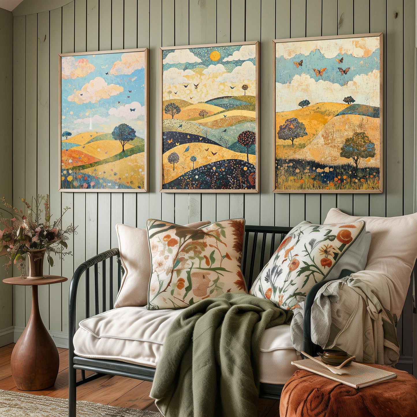 Rolling Hills Butterfly Set of Three Art Prints - Indigo Ochre and Mint - Folk Meadow Poster Illustration Gift