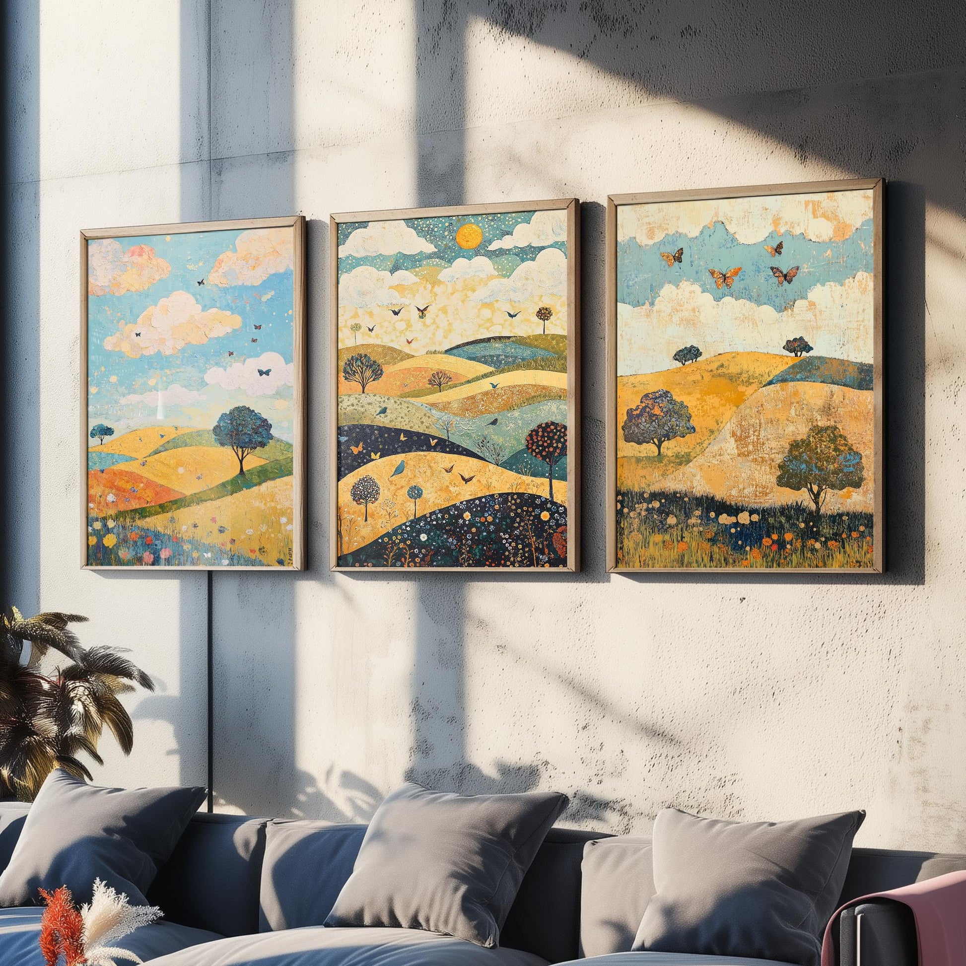Rolling Hills Butterfly Set of Three Art Prints - Indigo Ochre and Mint - Folk Meadow Poster Illustration Gift