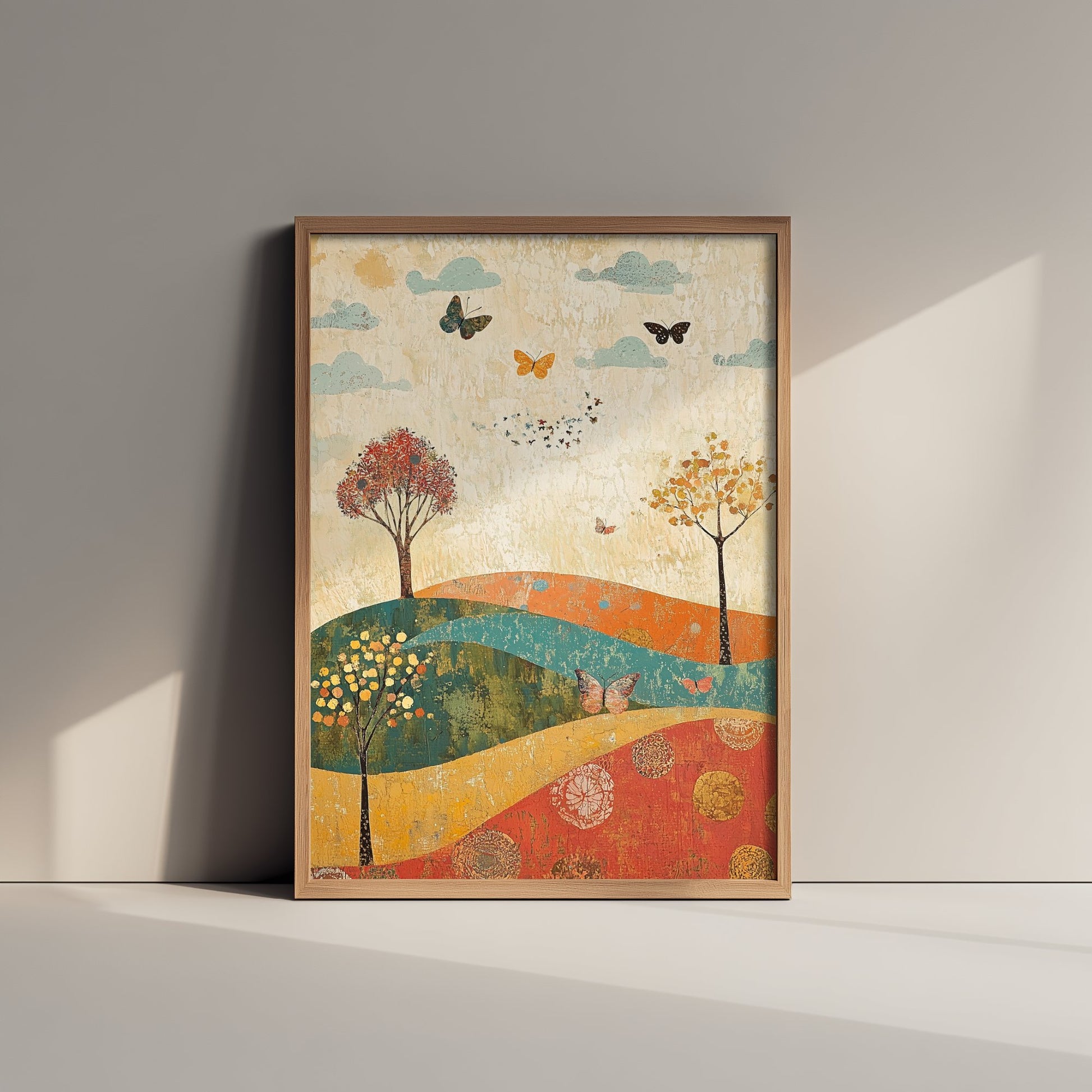 Rolling Hills Landscape Art Print - Butterfly Meadow Poster - Folk Art Painting - Jade Mocha and Rosewood 1/3