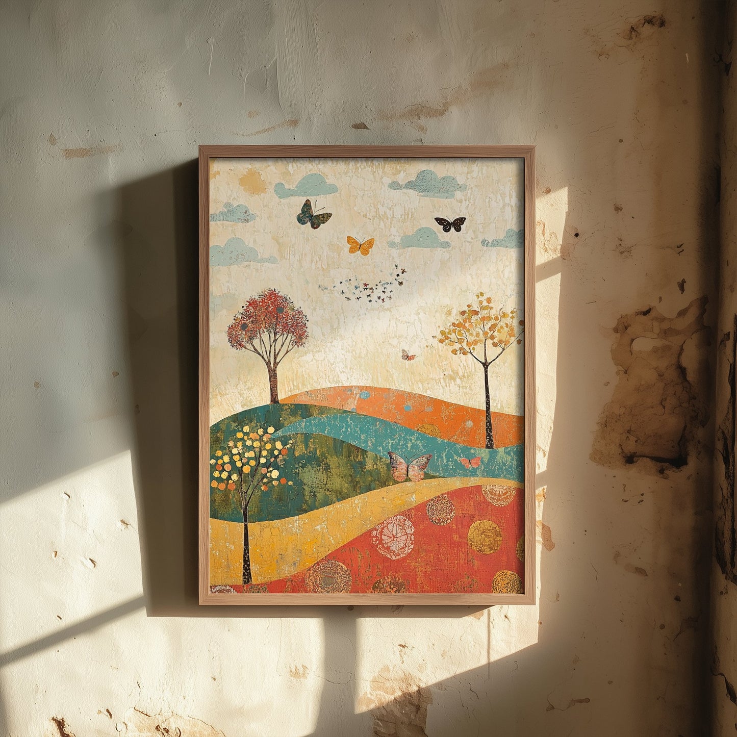 Rolling Hills Landscape Art Print - Butterfly Meadow Poster - Folk Art Painting - Jade Mocha and Rosewood 1/3