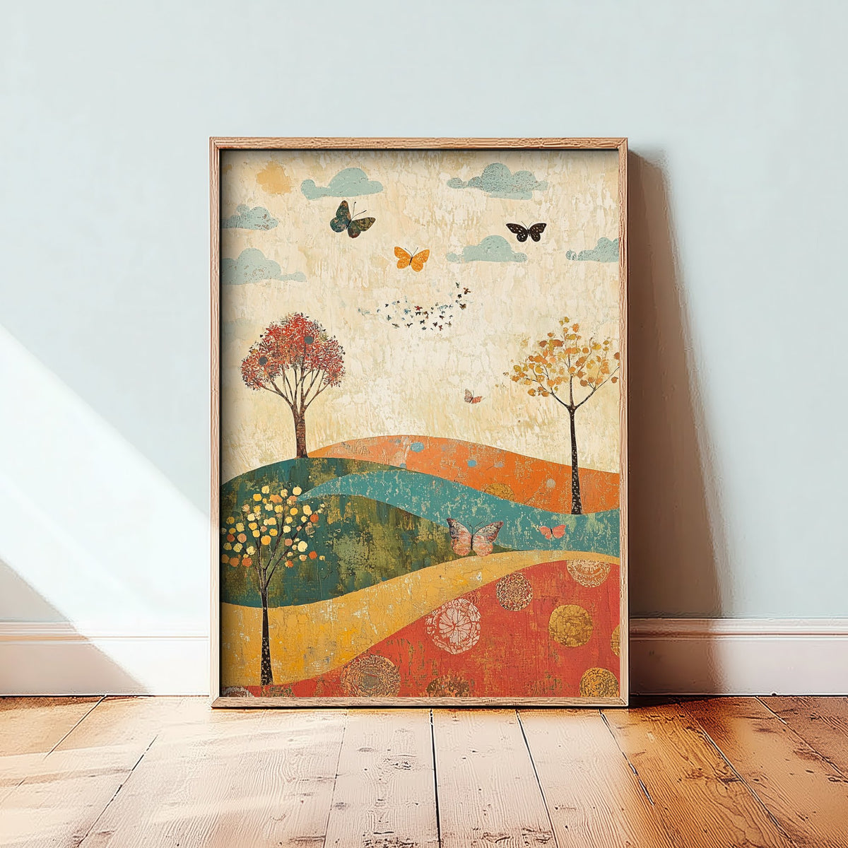 Rolling Hills Landscape Art Print - Butterfly Meadow Poster - Folk Art Painting - Jade Mocha and Rosewood 1/3